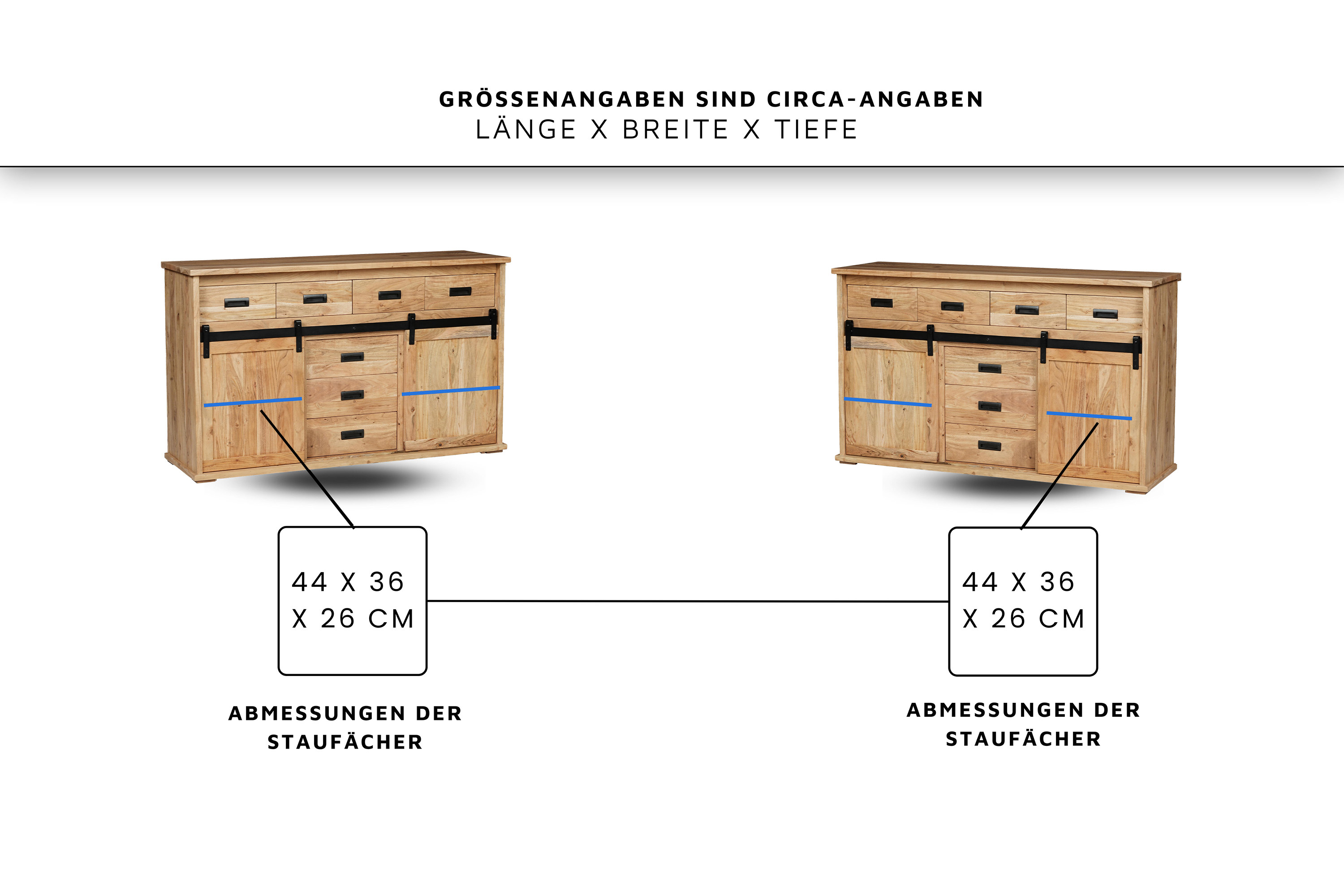 Sideboard 150 x 45 x 90 cm Akazienholz massiv naturfarben ohne Baumkante LIAN 2