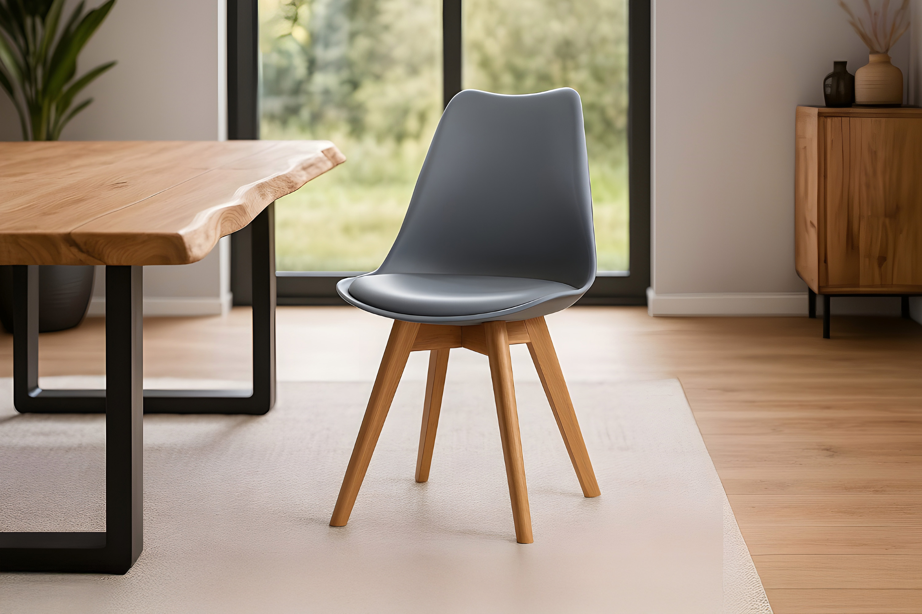 Esszimmer Schalenstuhl & Polster Kunstleder grau Stuhlbein Massivholz eichefarben LOVELACE