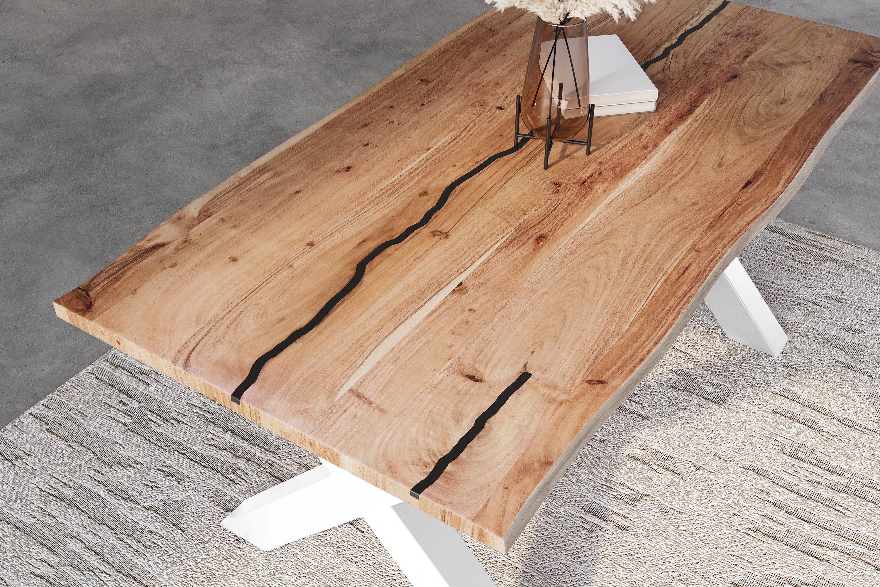 Baumkantentisch Akazie mit schwarzen Resin-Adern naturfarben 140 x 80 cm X-Gestell weiß POLLY