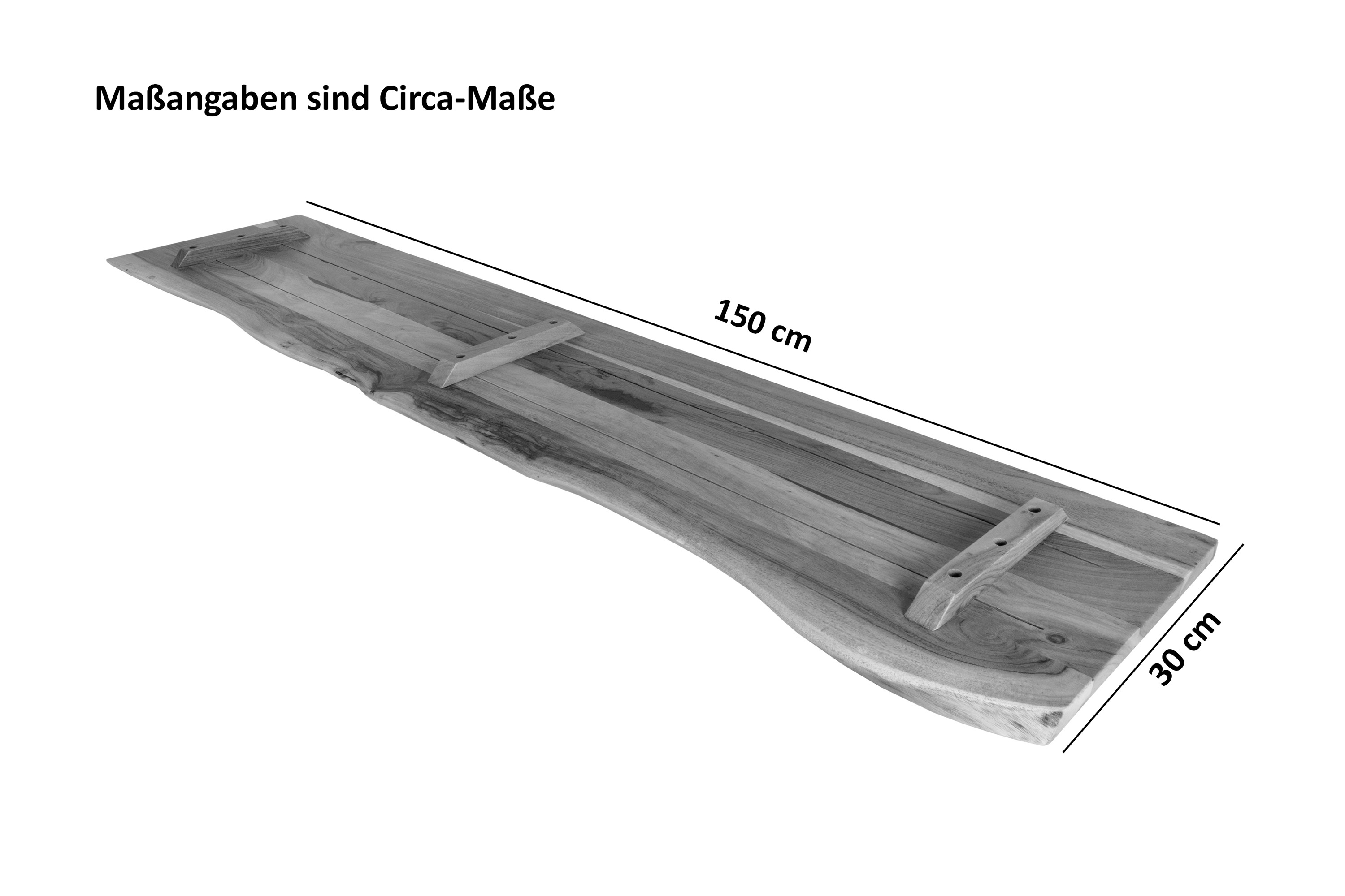 Holzplatte Arya mit echter Baumkante (einseitig), 150 x 30 cm, Akazienholz naturfarben, massiv & lackiert