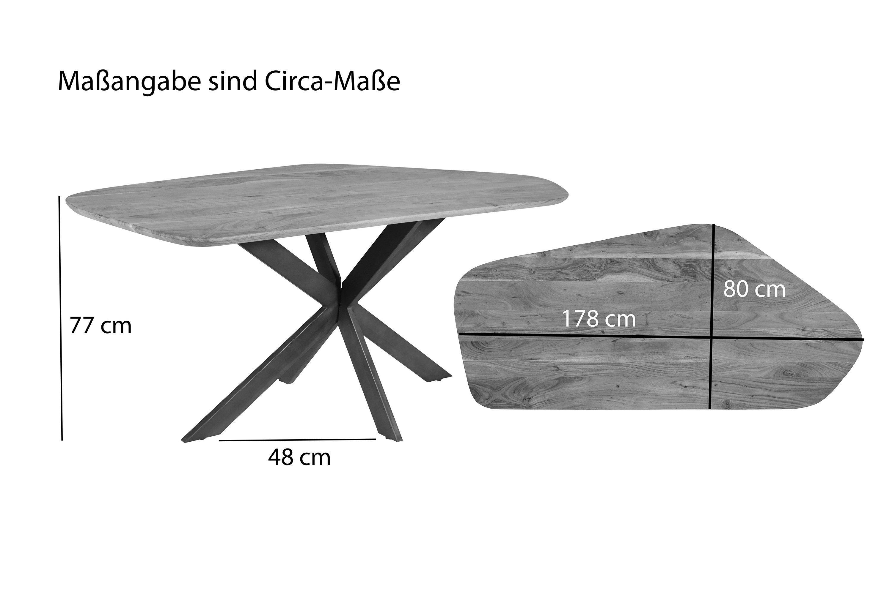 Esstisch 178 x 80 x 77 cm Akazie massiv naturfarben Schweizer Kante Spider-Gestell MILA