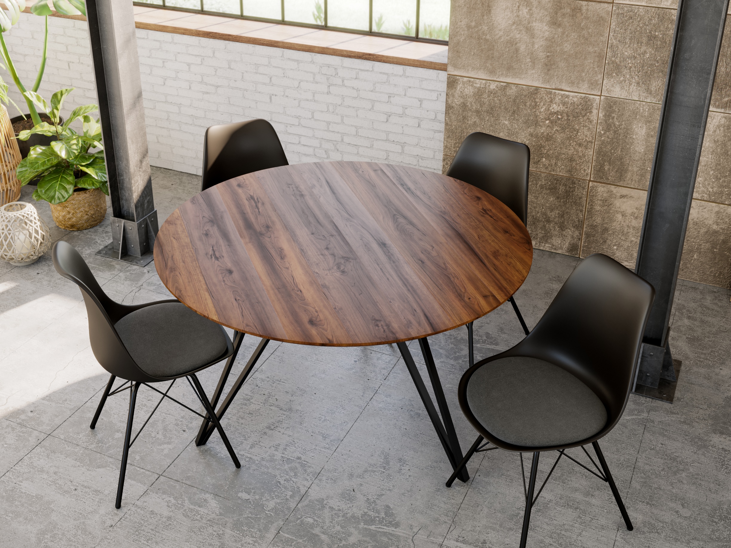 Runder Esszimmertisch Akazie nussbaum Schweizer Kante 120 cm Metallfuß  INSA