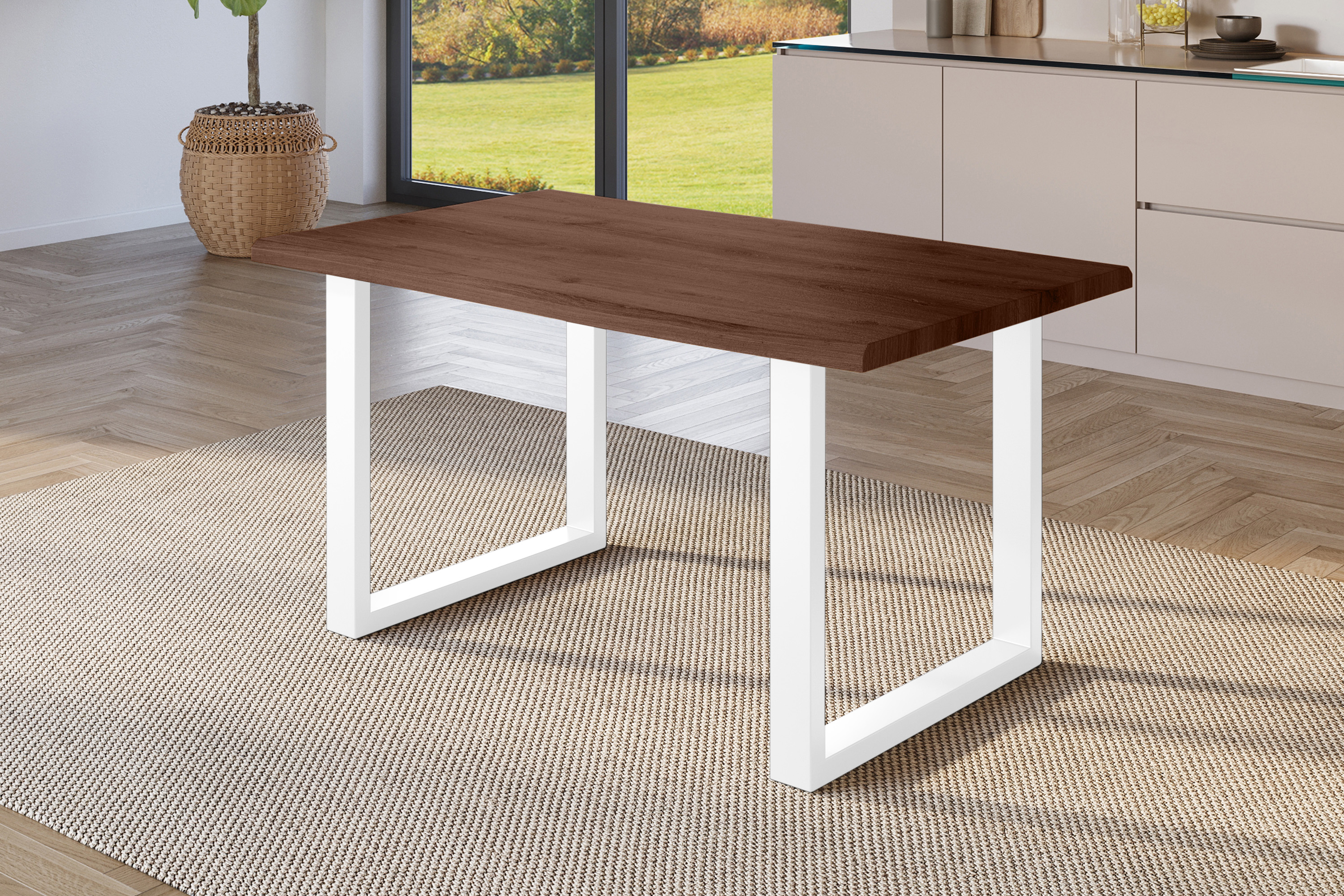 Esstisch Baumkante Holz-Optik Nussbaum 140 x 80 U-Gestell weiß JULIUS