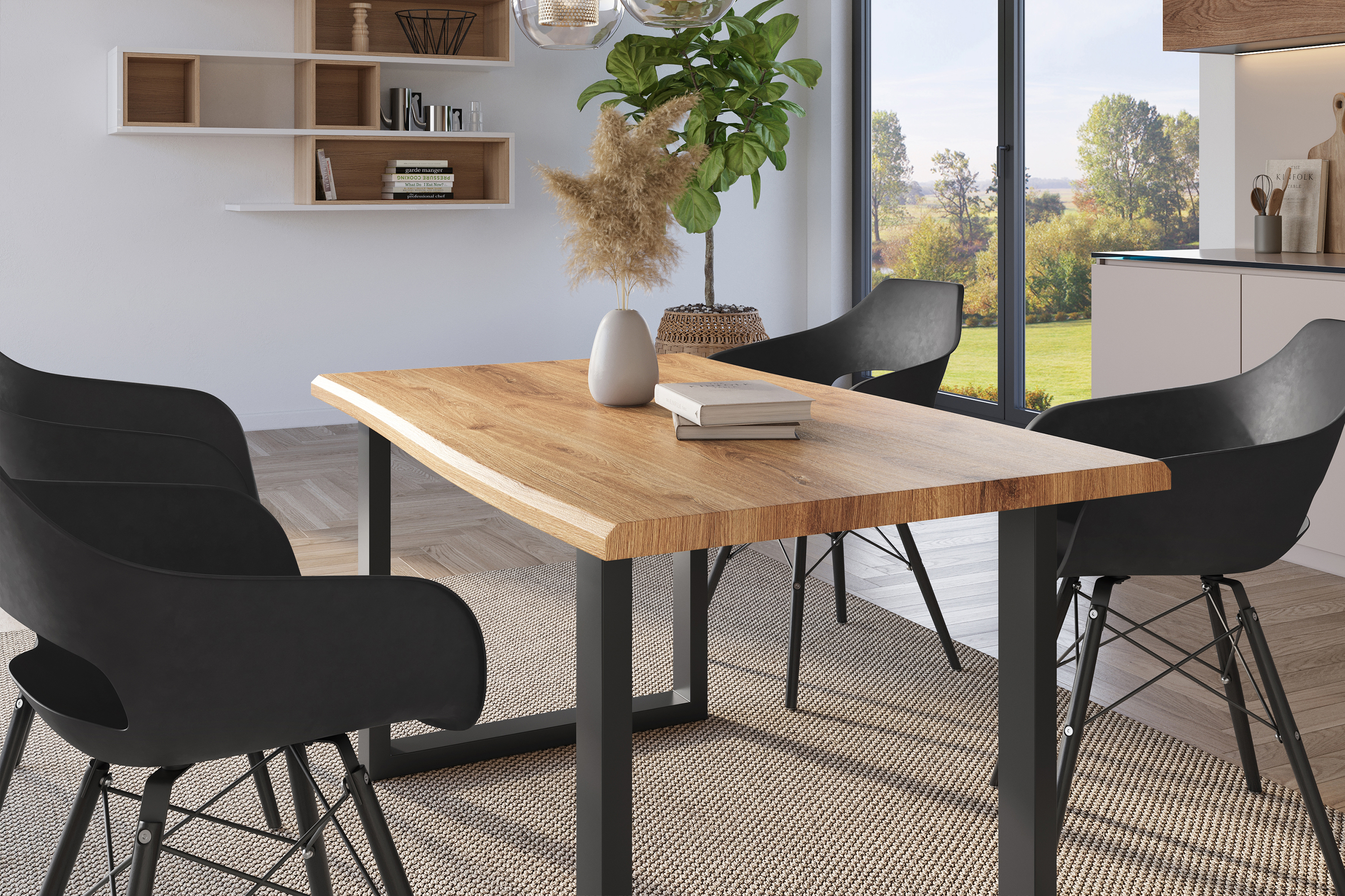 Esstisch Baumkante Holz-Optik Wildeiche 160 x 85 U-Gestell schwarz JULIUS