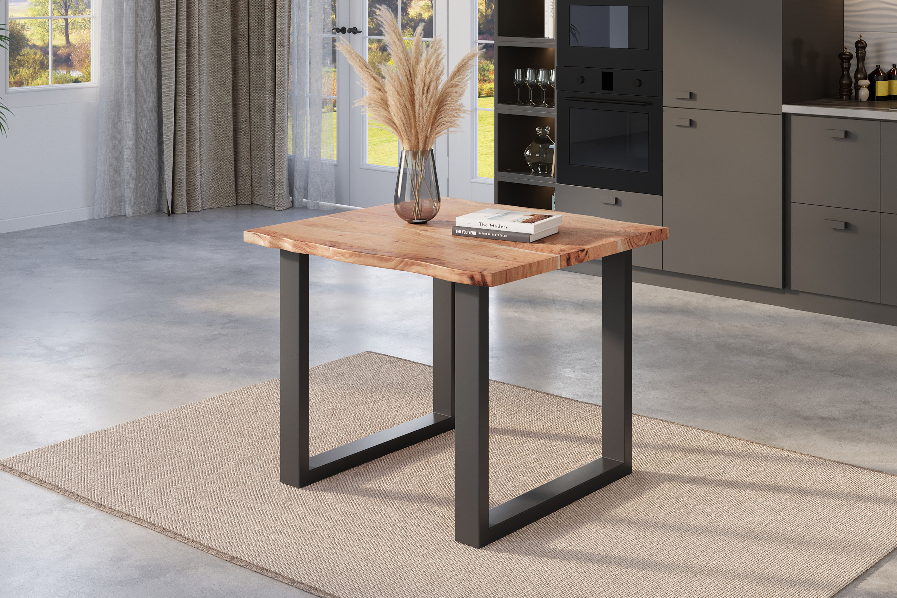 Esstisch Baumkante massiv Akazie naturfarben 80 x 80 U-Gestell schwarz NICK