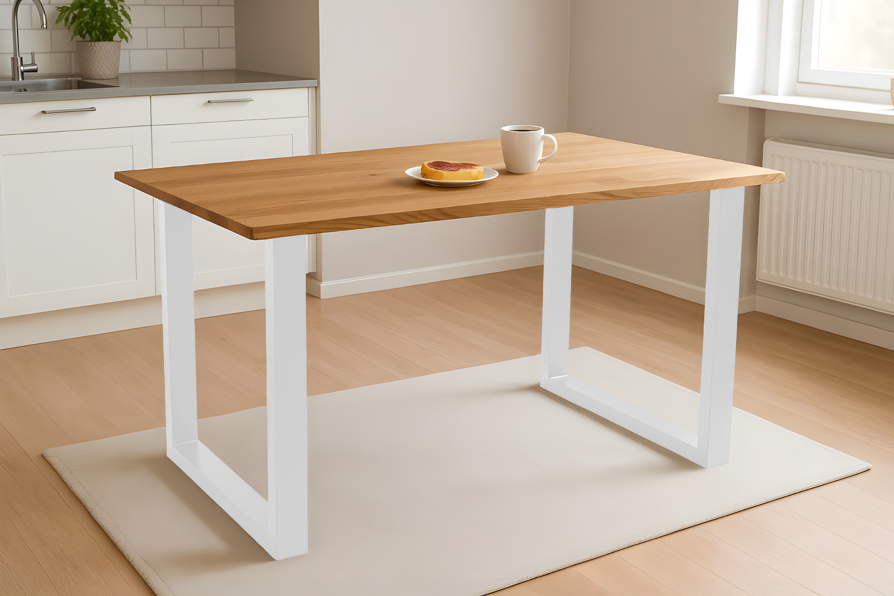 Esstisch Baumkante massiv Eiche geölt 160 x 85 cm U-Gestell weiß SALVADOR