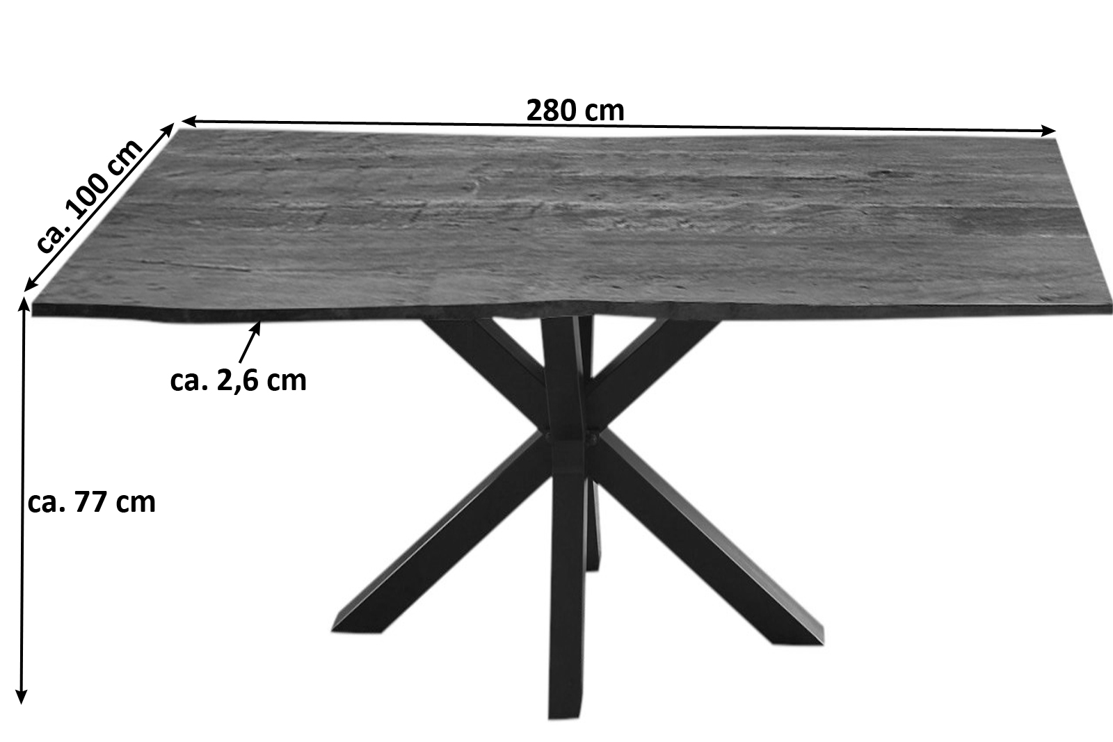  Esstisch Baumkante massiv Akazie nussbaum 280 cm Spider-Gestell schwarz QUINCY