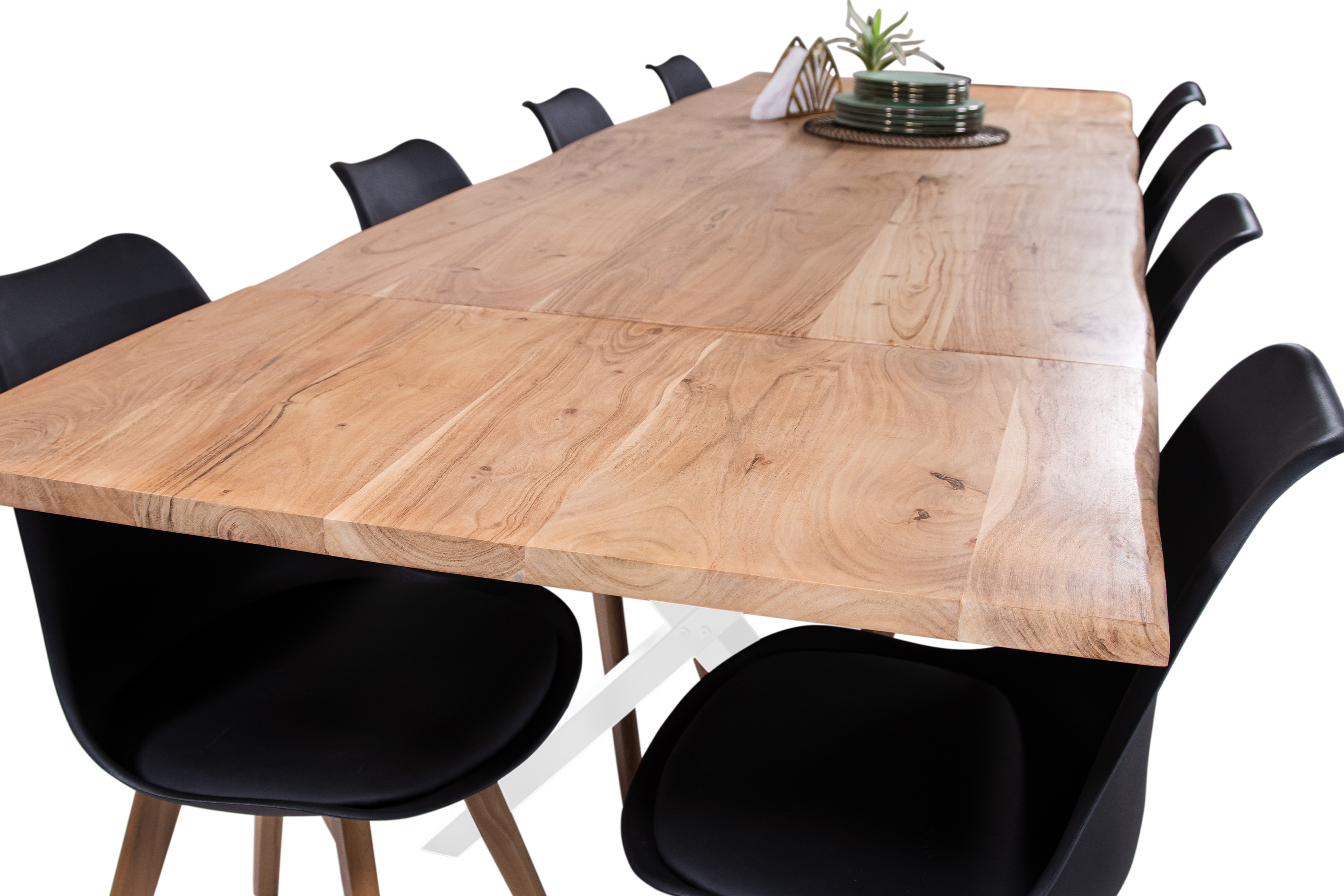 Esstisch Baumkante Akazie natur 180(280)x90 Ansteckplatten X-Gestell weiß AVINO