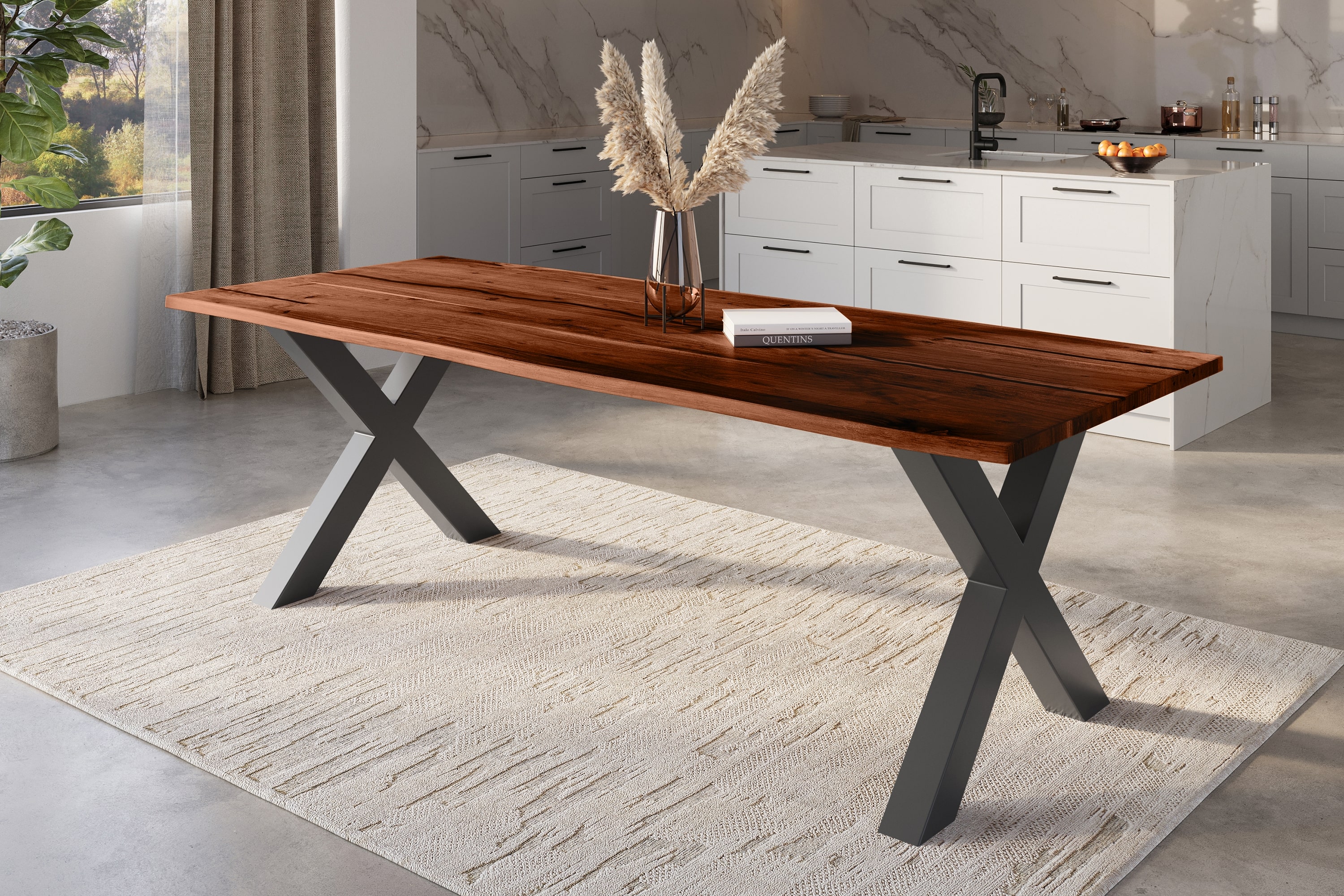 Baumkantentisch Akazie mit schwarzen Resin-Adern nussbaumfarben 280 x 100 cm X-Gestell schwarz POLLY