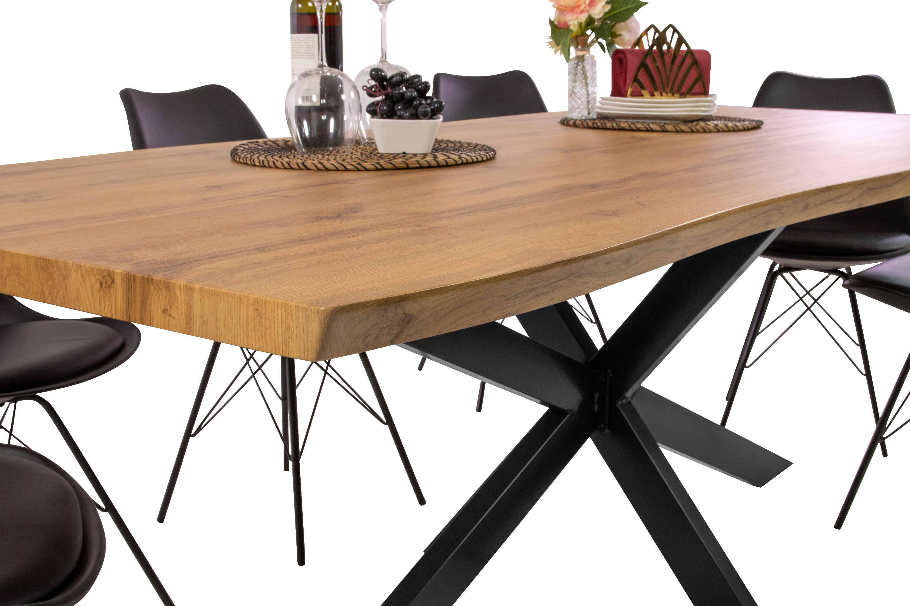 Esstisch Baumkante Holz-Optik Wildeiche 220 x 100 Spider-Gestell schwarz JOSY