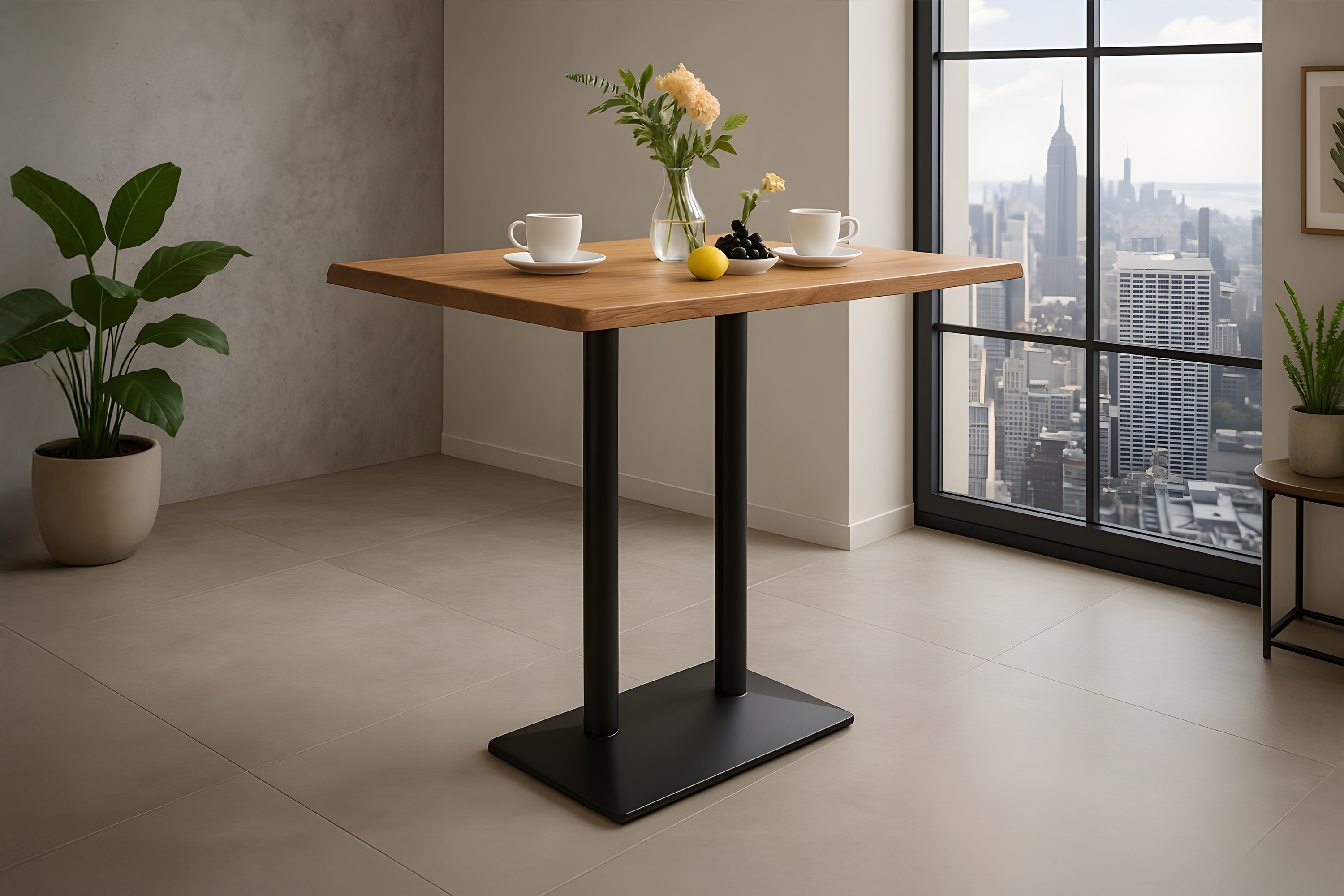 Bistrotisch Baumkante massiv 100 x 60 cm Akazie naturfarben schwarz Doppelsäulengestell IAN
