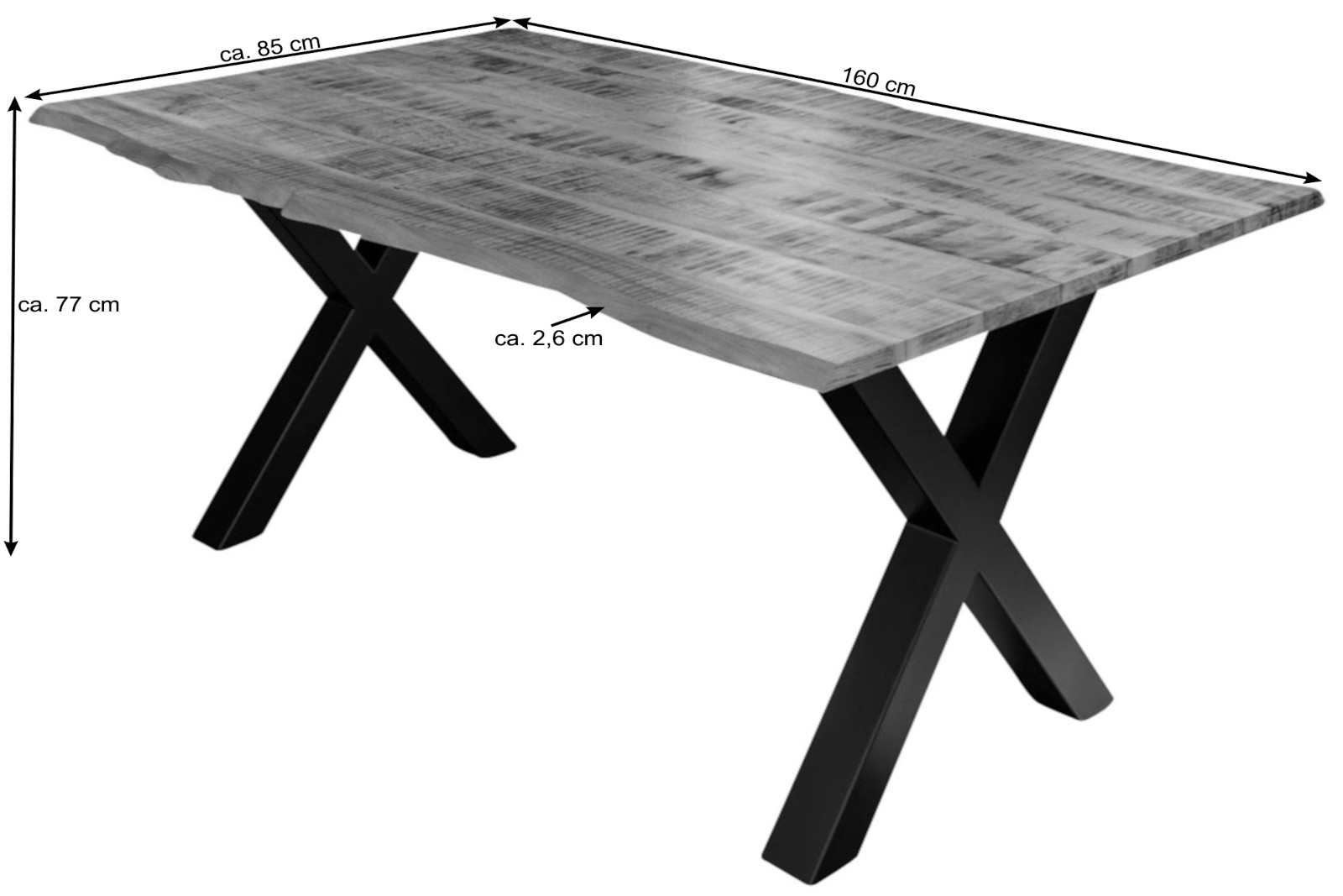 Essgruppe 160 cm Mango naturfarben X-Gestell schwarz mit 6 Stühlen DORA