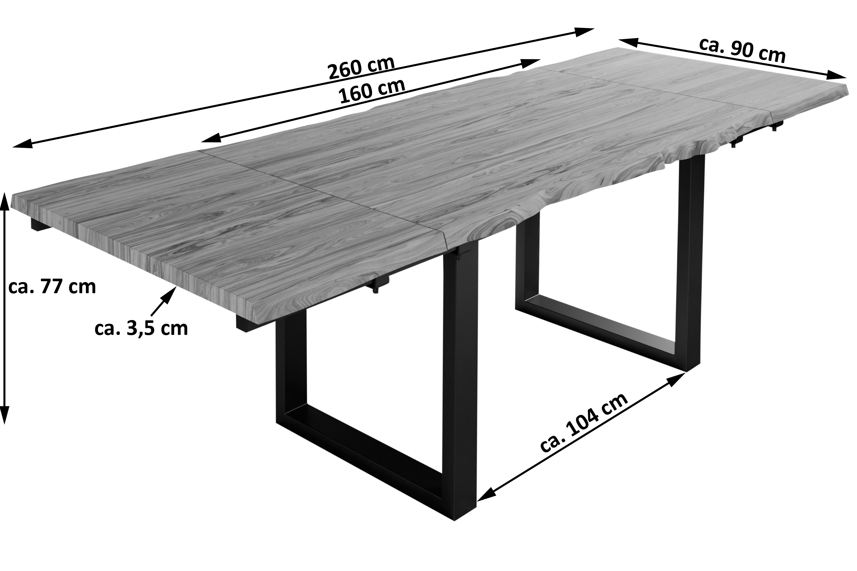 Esstisch Baumkante Akazie stone 160 (260) x 90 cm mit Ansteckplatten BARCELONA