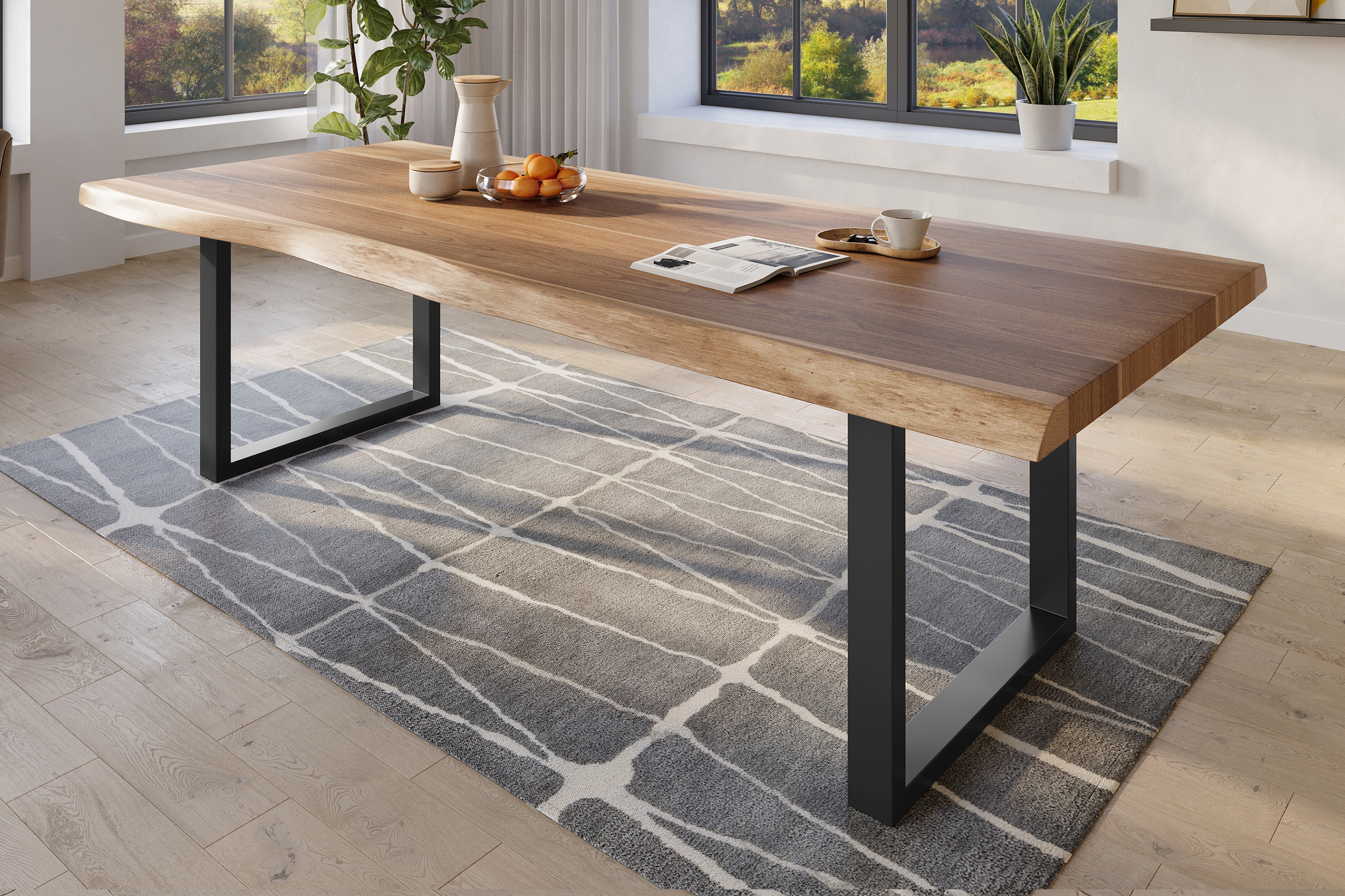 Esstisch Baumkante massiv Akazie natur 260 x 120 U-Gestell Metall schwarz TITAN