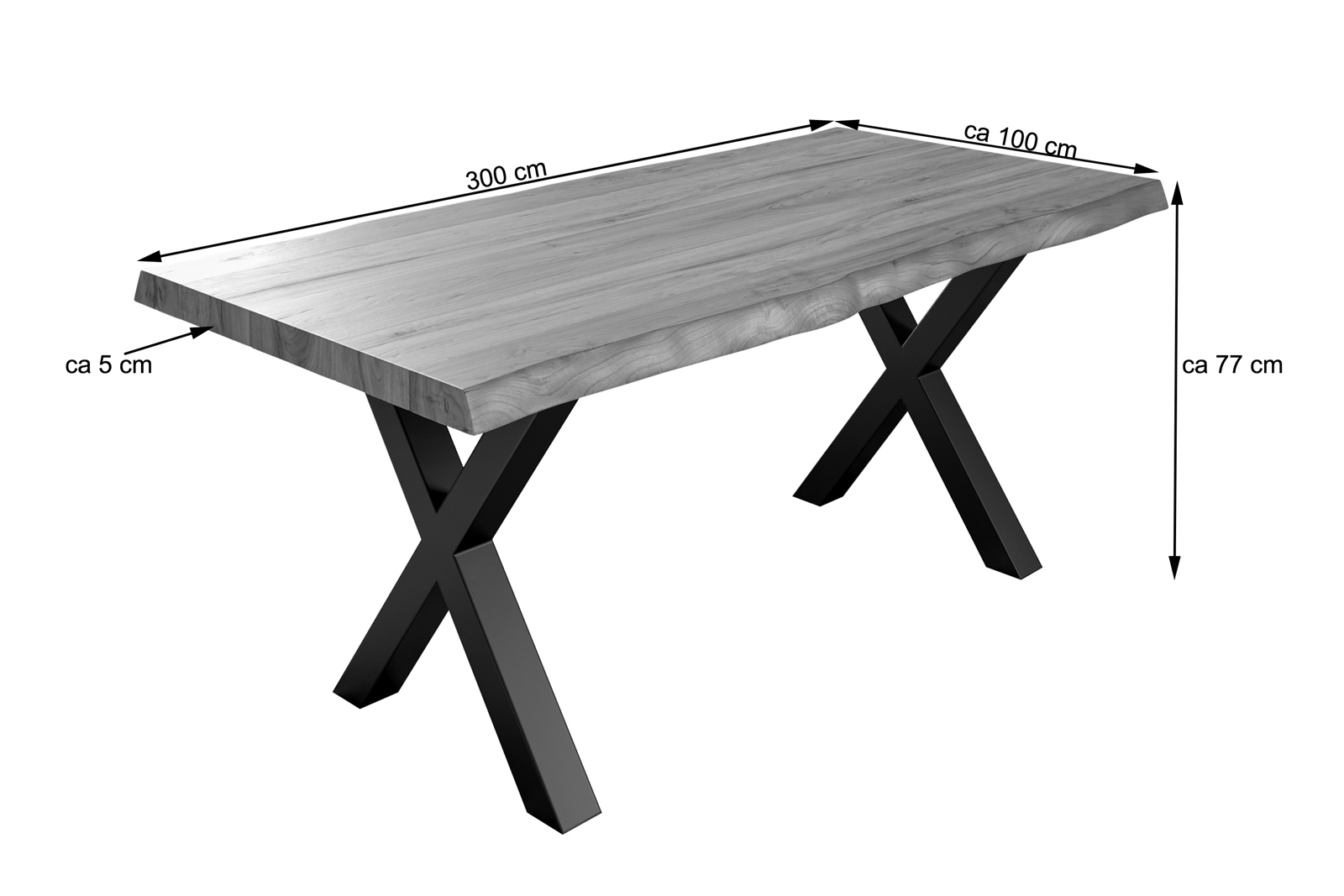  Esstisch Baumkante massiv Akazie natur 300 x 100 schwarz X-Gestell XEREZ