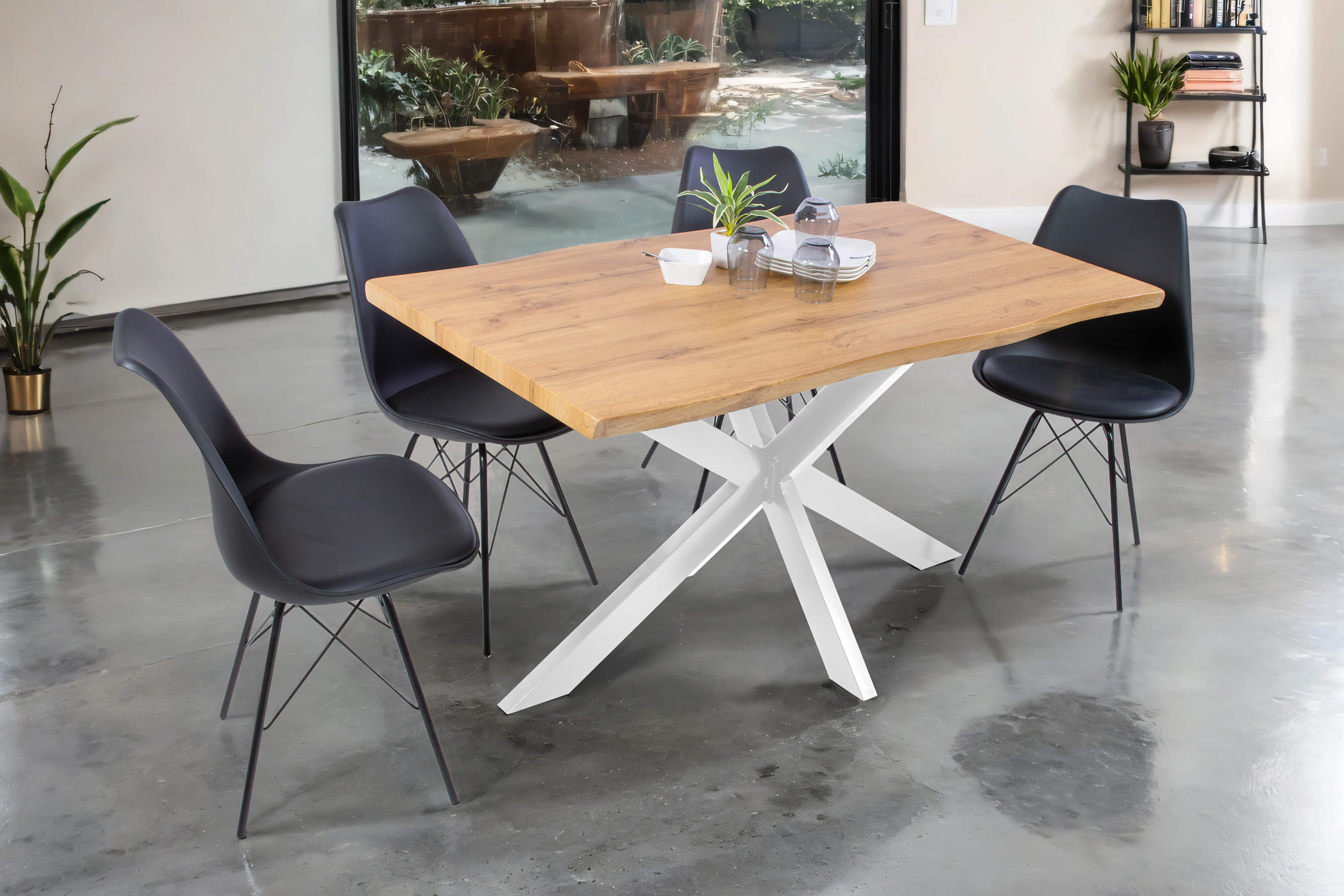 Esstisch Baumkante Holz-Optik Wildeiche 120 x 80 Spider-Gestell weiß JOSY