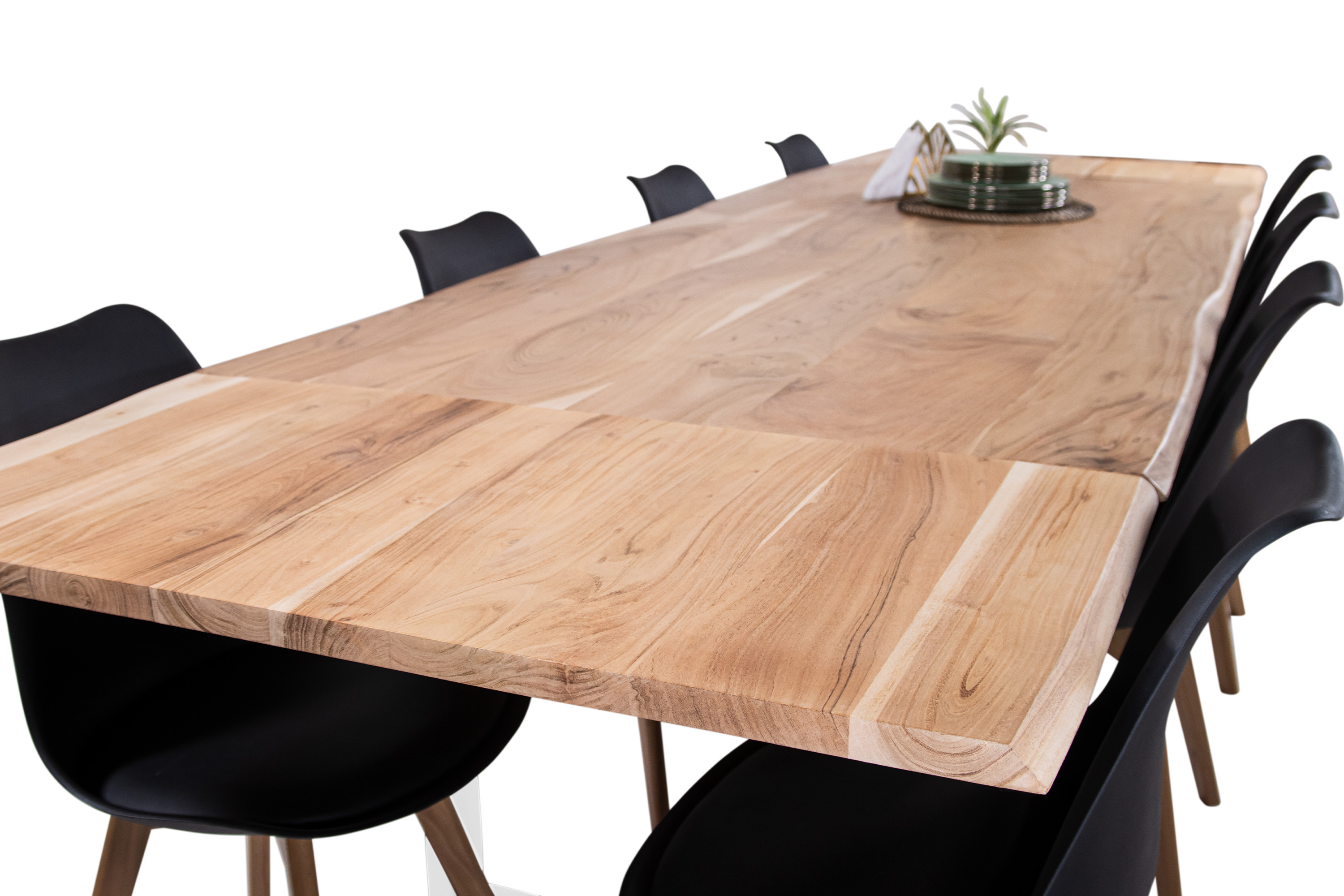 Esstisch Baumkante Akazie natur 200(300)x100 Ansteckplatten U-Gestell weiß AVINO