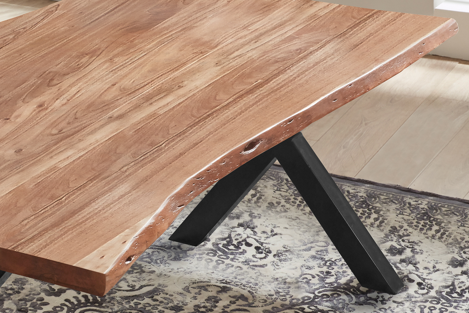  Esstisch Baumkante massiv Akazie natur 160 x 85 X-Gestell schwarz XANTEN