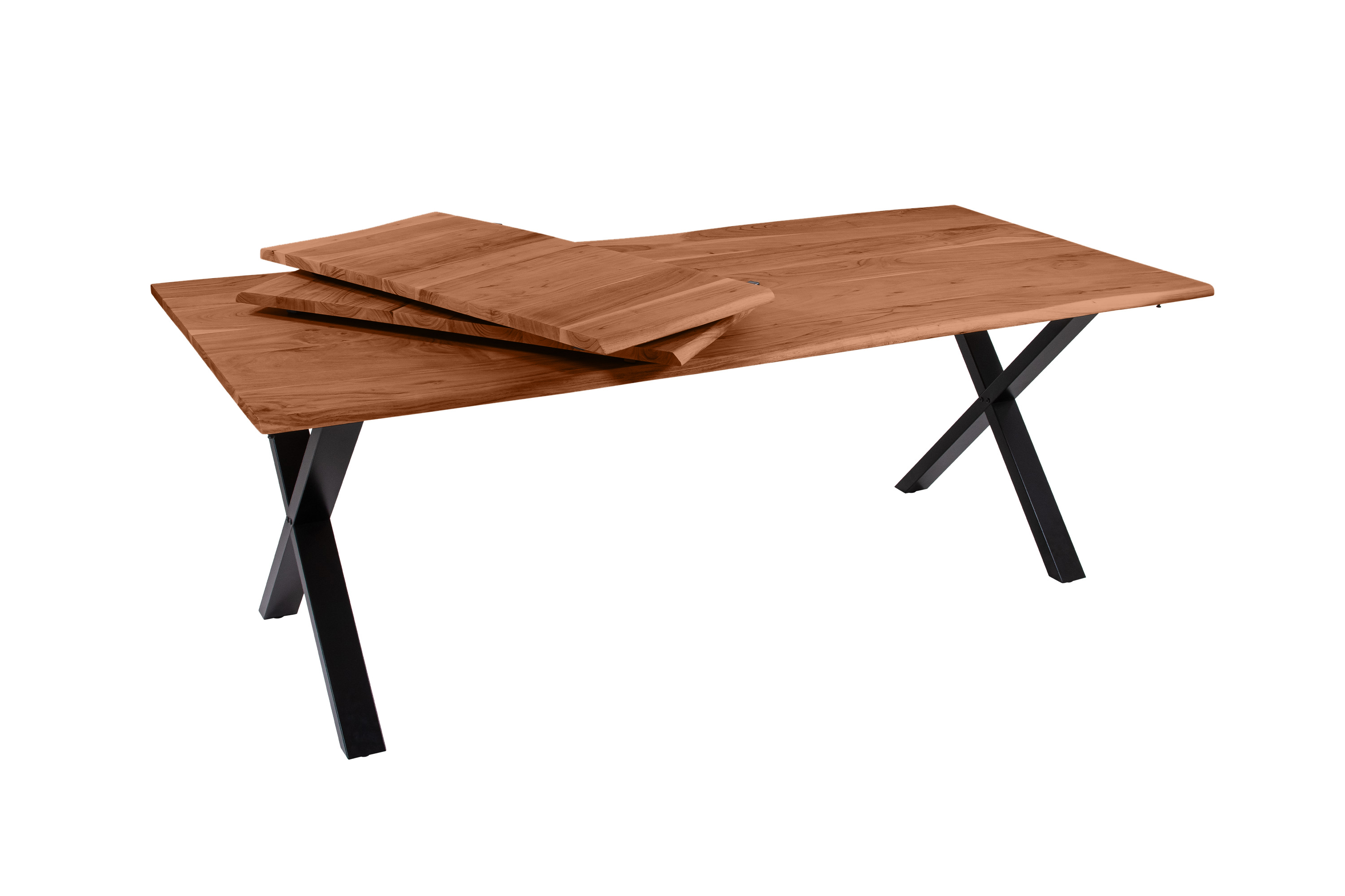 Esstisch Baumkante Akazie nuss 200(300)x100 Ansteckplatten X-Gestell schwarz AVINO