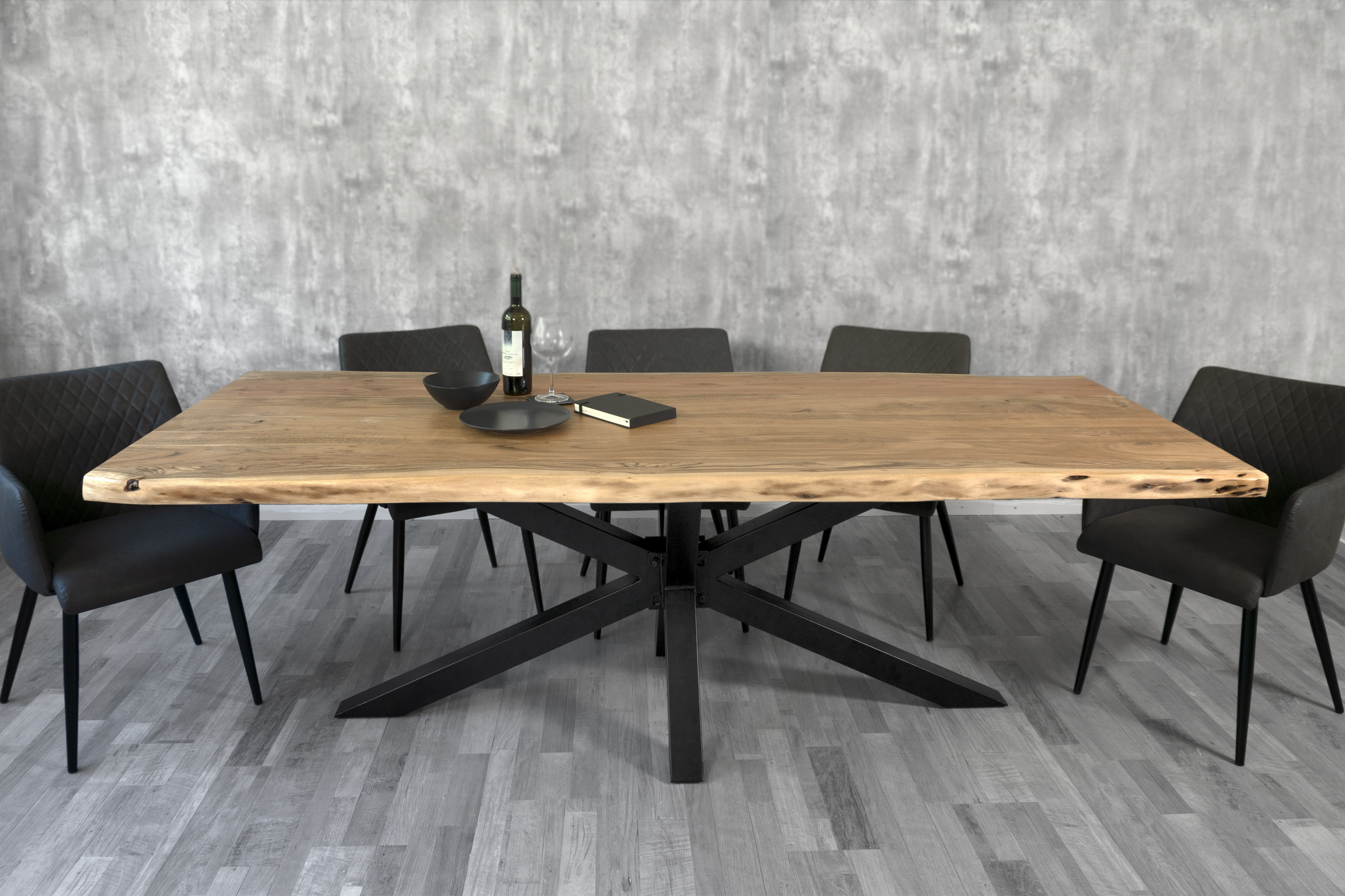 Esstisch Baumkante massiv Akazie Natur 280 x 120 Spider-Gestell schwarz CALI