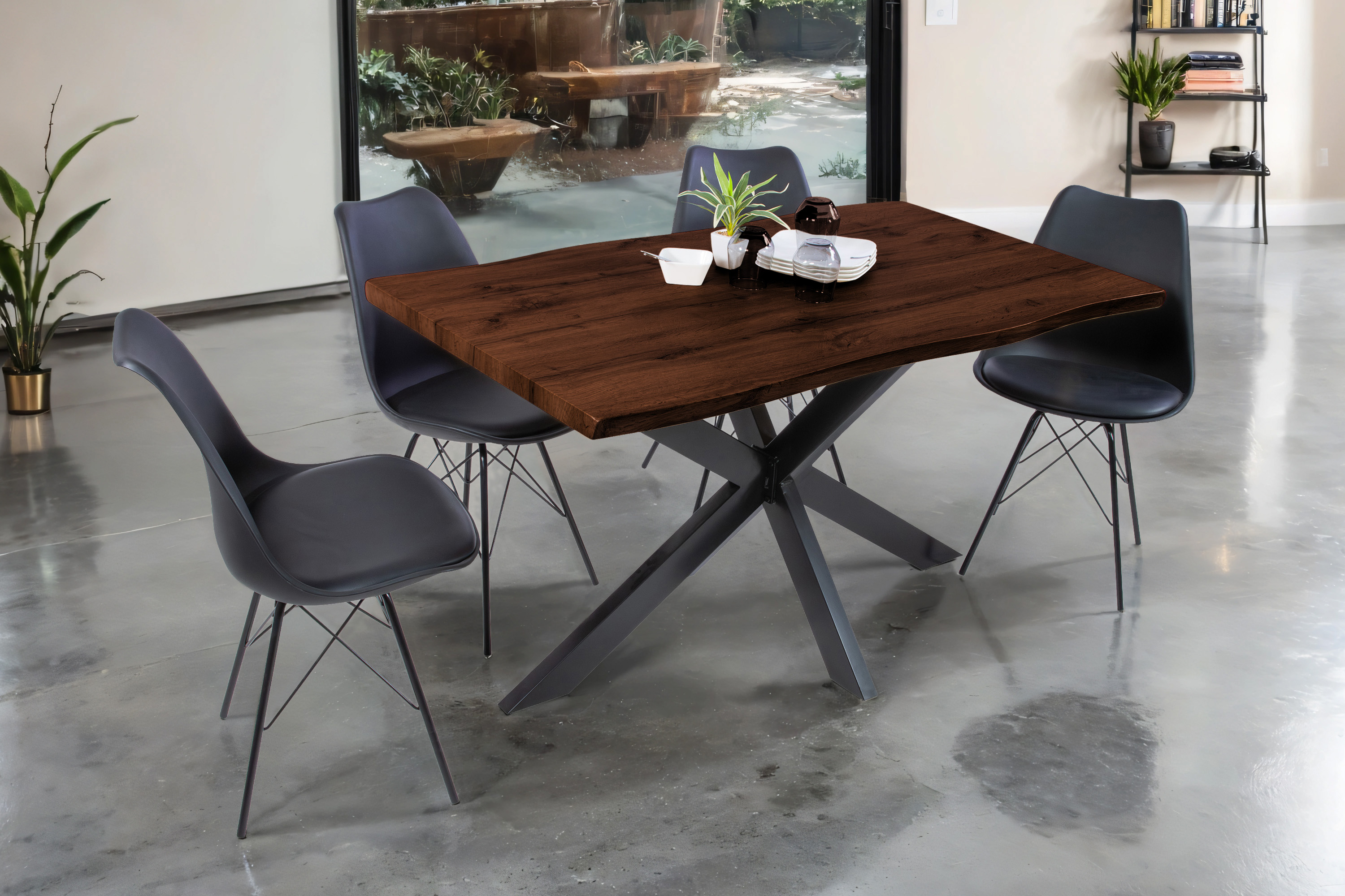 Esstisch Baumkante Holz-Optik Nussbaum 120 x 80 Spider-Gestell schwarz JOSY