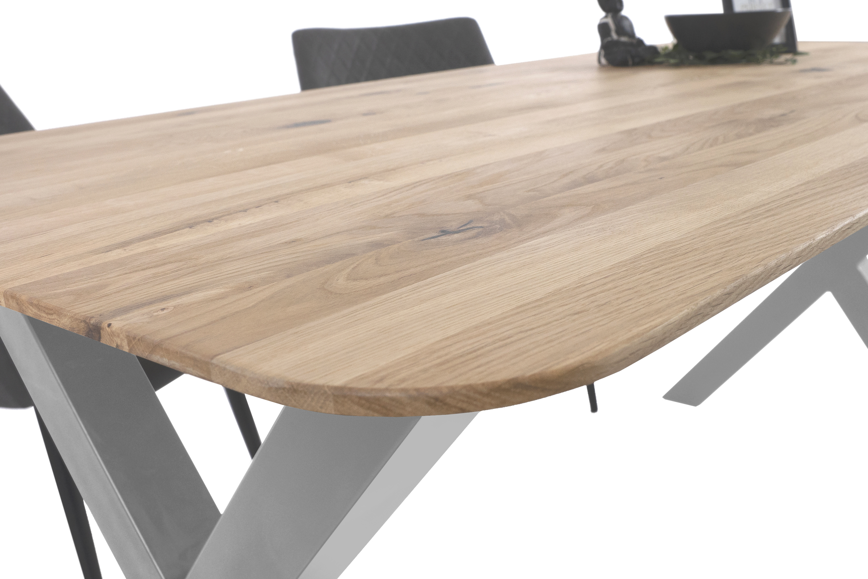 Esszimmertisch Schweizer Kante rund massiv & geölt Eiche 180x90 silber X-Gestell Lotte