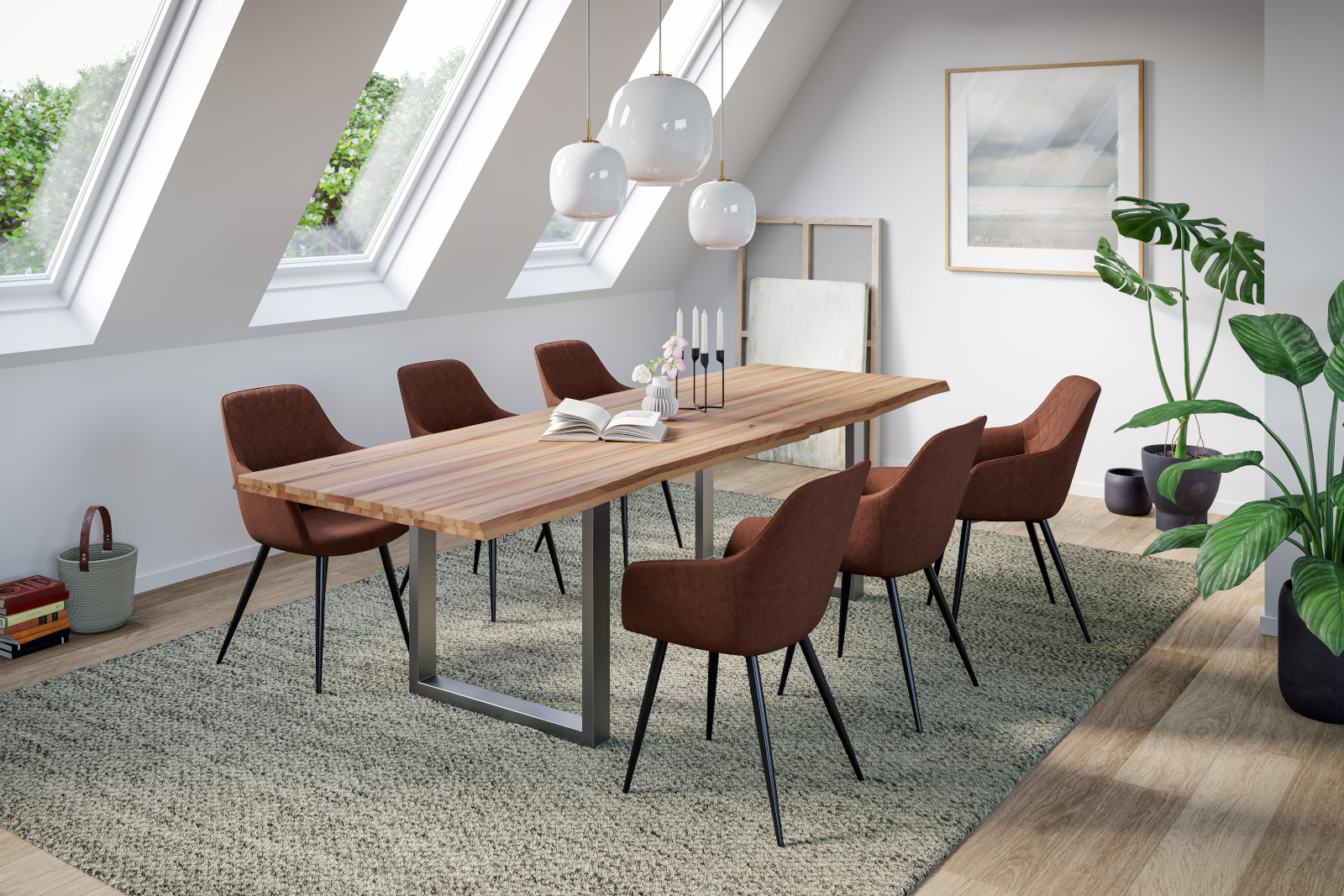  Esstisch Baumkante Massiv Wildbuche 240 x 100 silber U-Gestell ROMAN