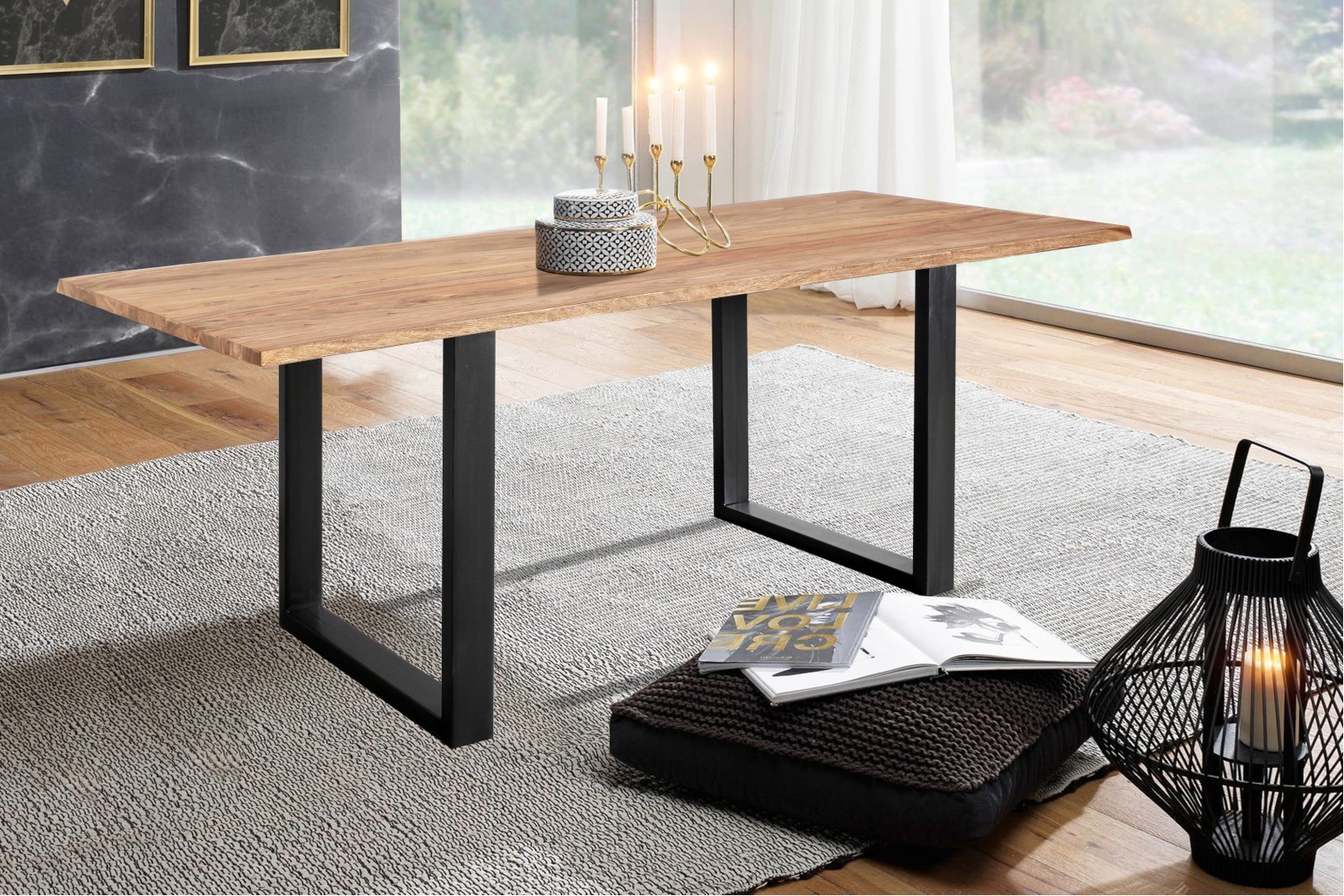 Baumkante Esstisch Sheesham naturbelassen 220 x 100 schwarz MAREK