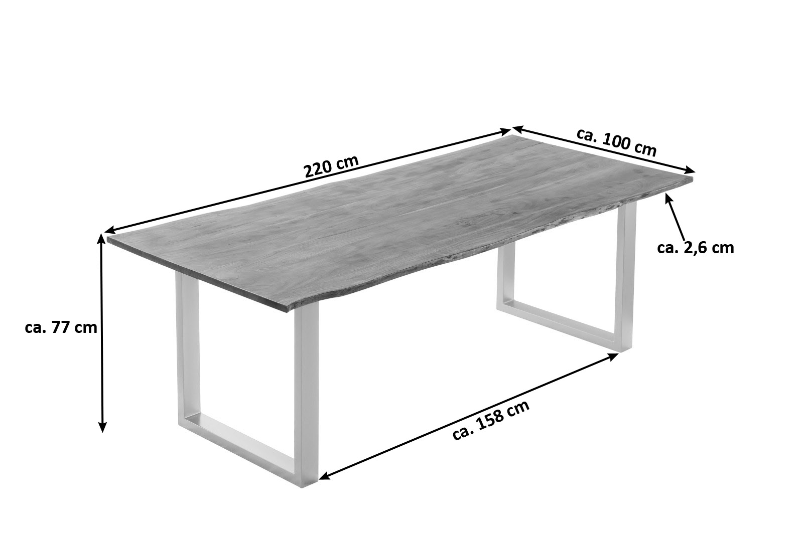 Esstisch Baumkante massiv Akazie stonefarben 220 x 100 cm silber LAURINA