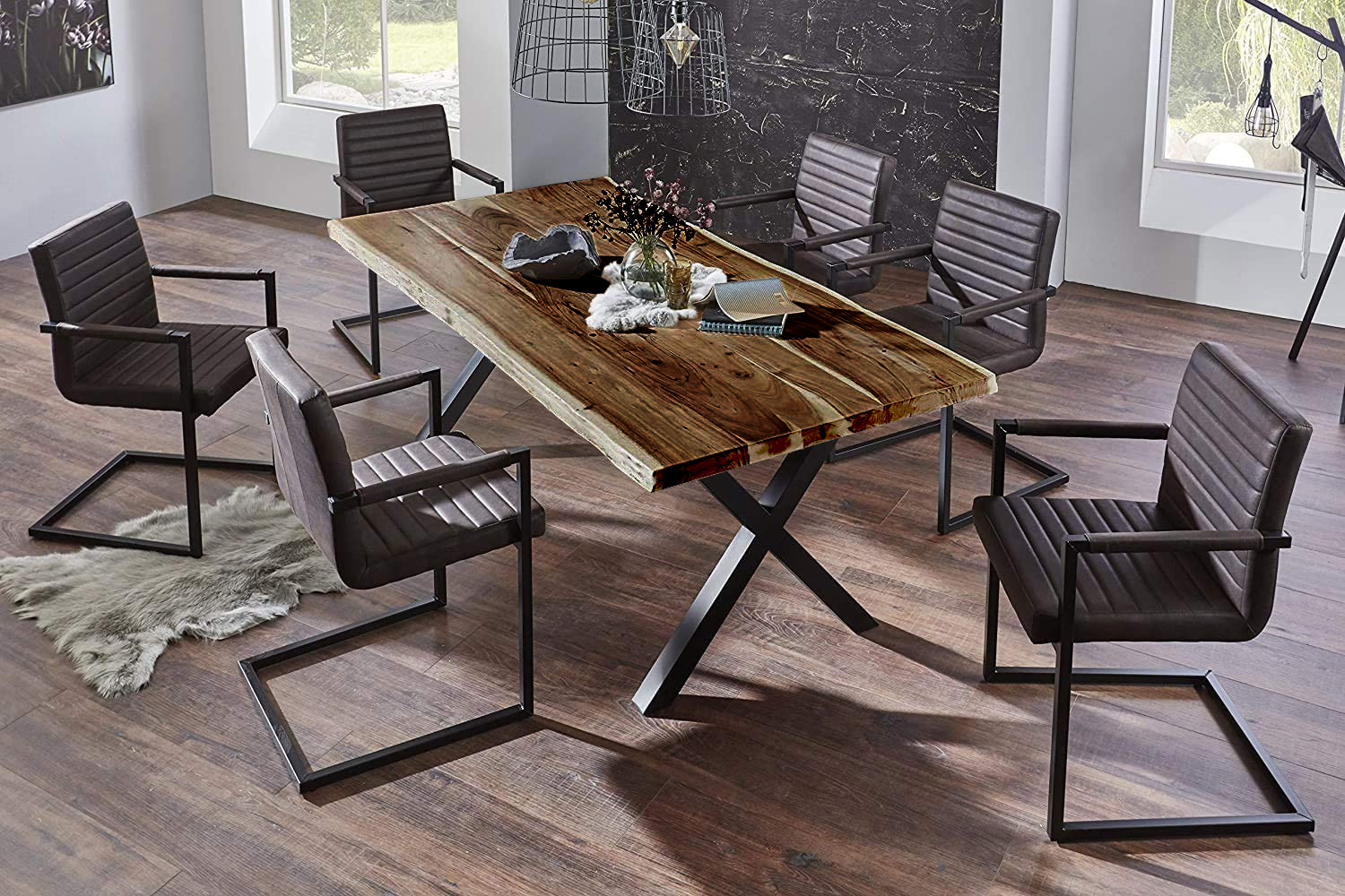  Esstisch Baumkante massiv Akazie nussbaumfarben 240 x 100 schwarz X-Gestell XEREZ
