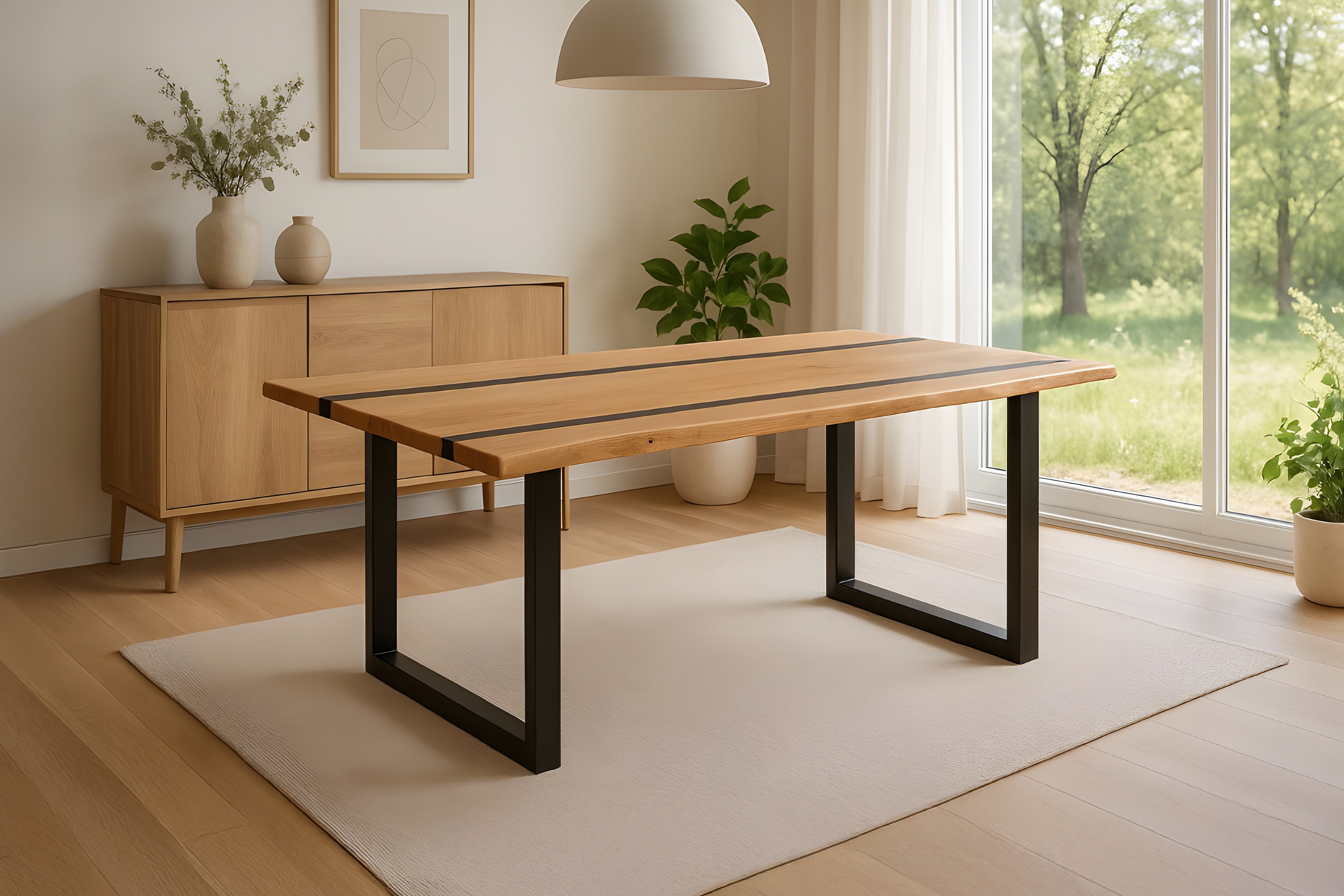 Esstisch 140 x 80 cm Akazie massiv natur mit schwarzen Resin-Adern U-Gestell schwarz PETER