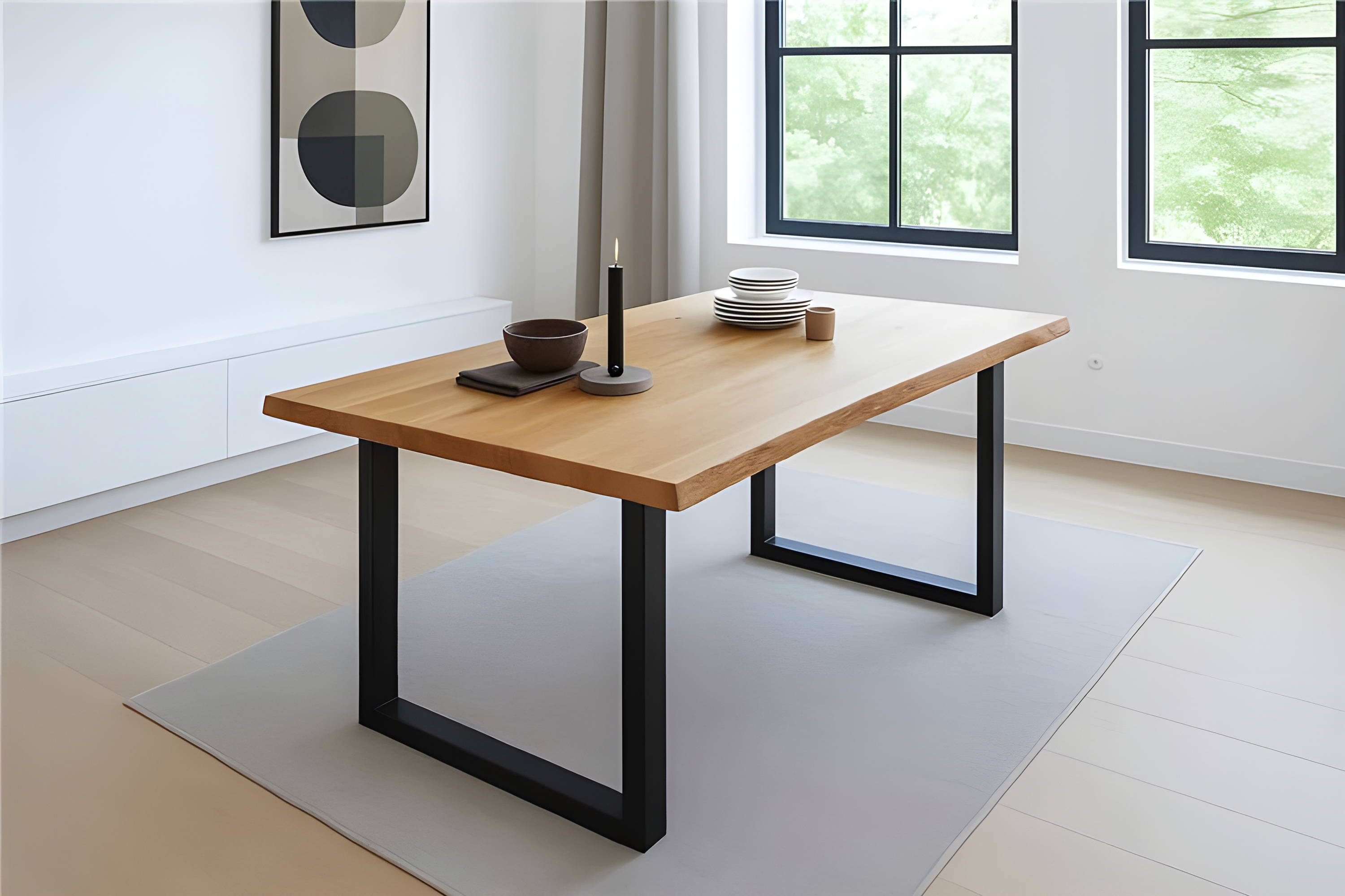 Esstisch Baumkante massiv Eiche geölt 220 x 100 cm U-Gestell schwarz SALVADOR