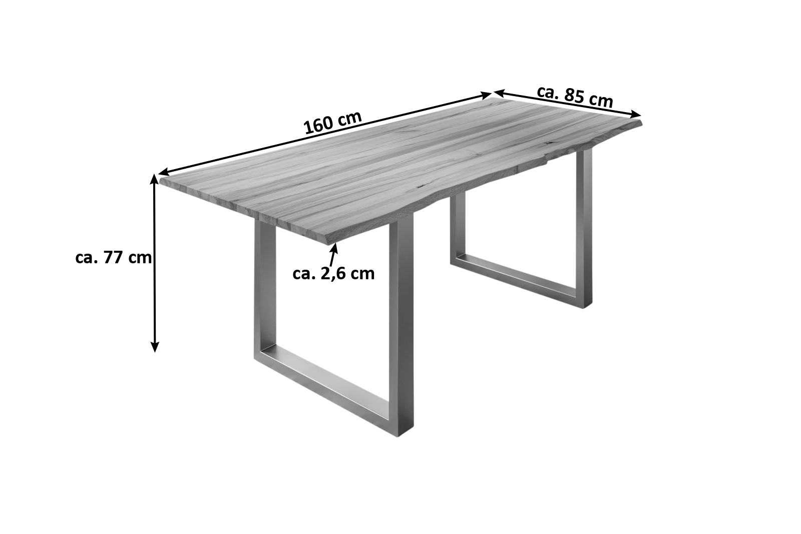 Esstisch Baumkante Massiv Wildbuche 160 x 85 silber U-Gestell GREGOR