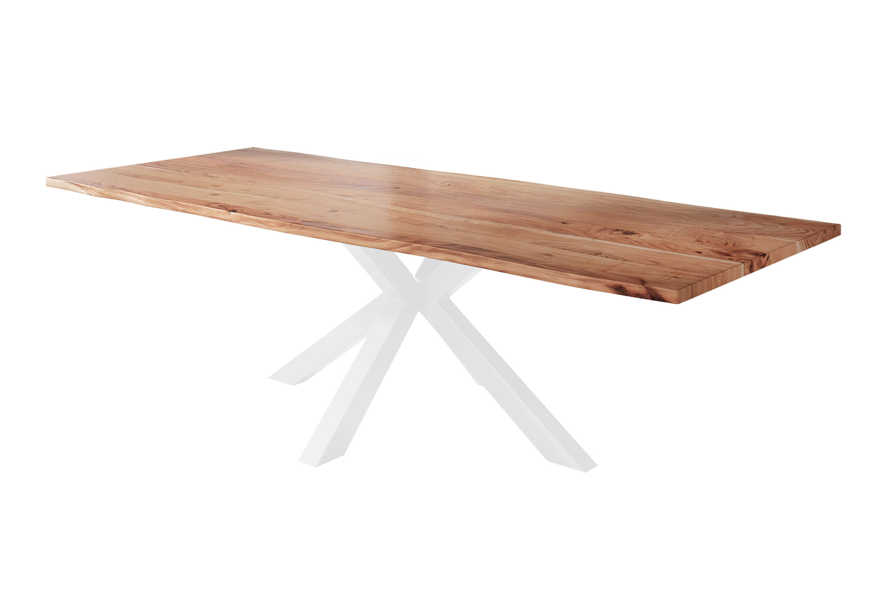 Esstisch Baumkante massiv Akazie natur 300 x 100 cm Spider-Gestell weiß Kalea
