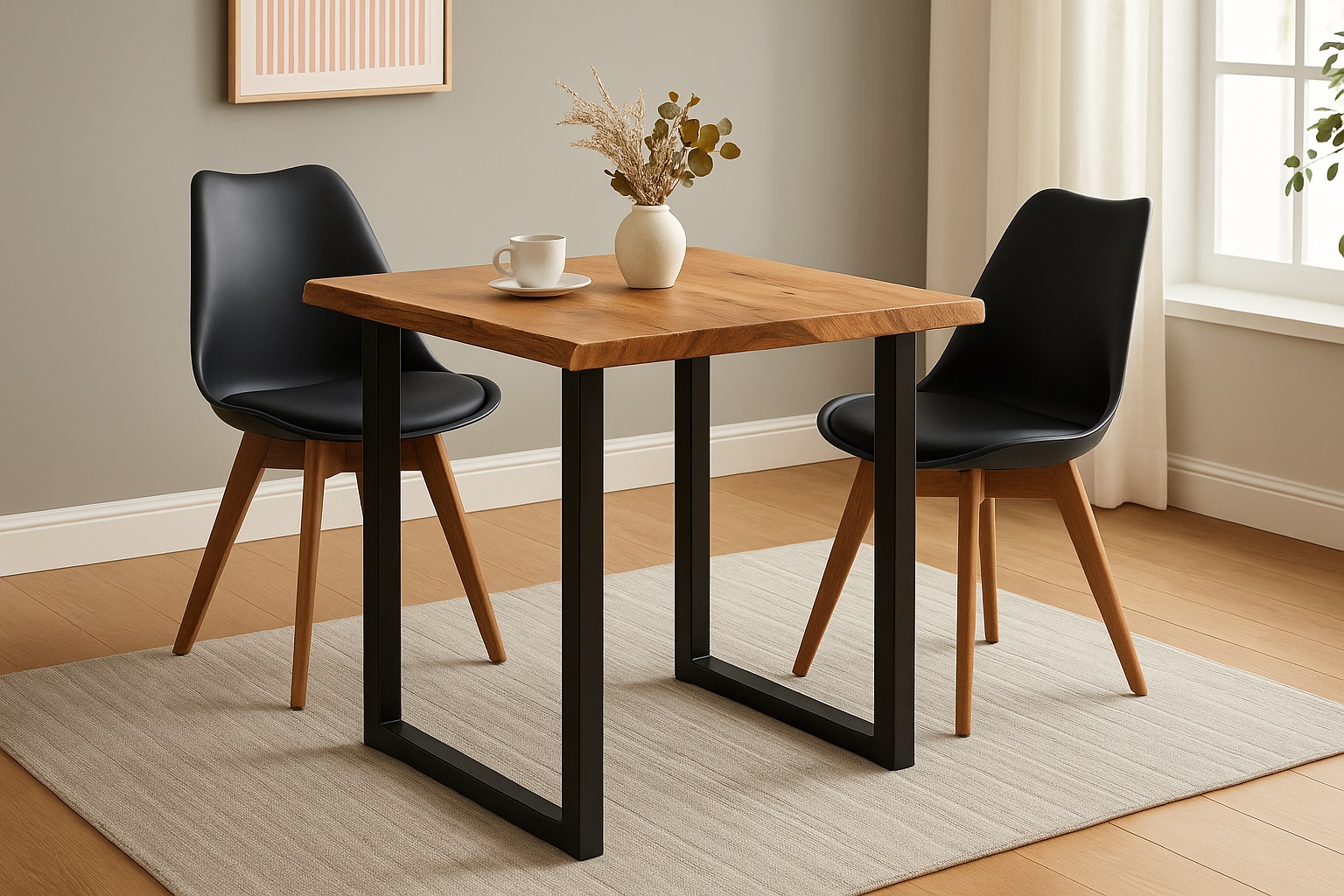 Essgruppe Baumkante massiv 80 x 80 cm Akazie naturfarben U-Gestell schwarz & 2 Stühle schwarz QUINN