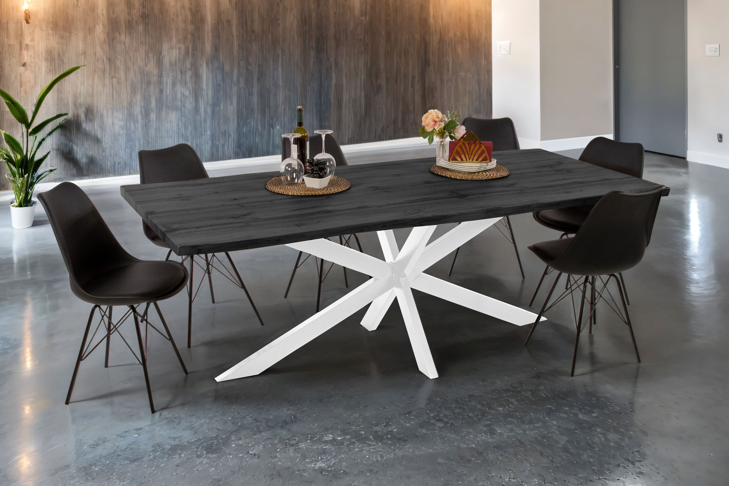 Esstisch Baumkante Holz-Optik Grau 220 x 100 Spider-Gestell weiß JOSY