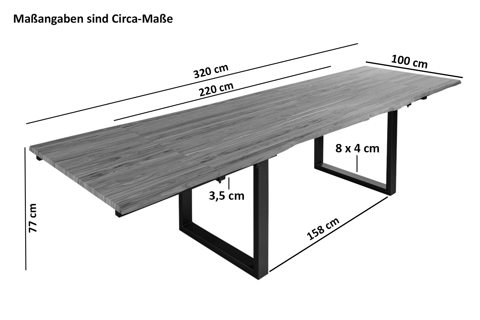  Esstisch Baumkante Akazie stone 220 (320) x 100 mit Ansteckplatten BARCELONA