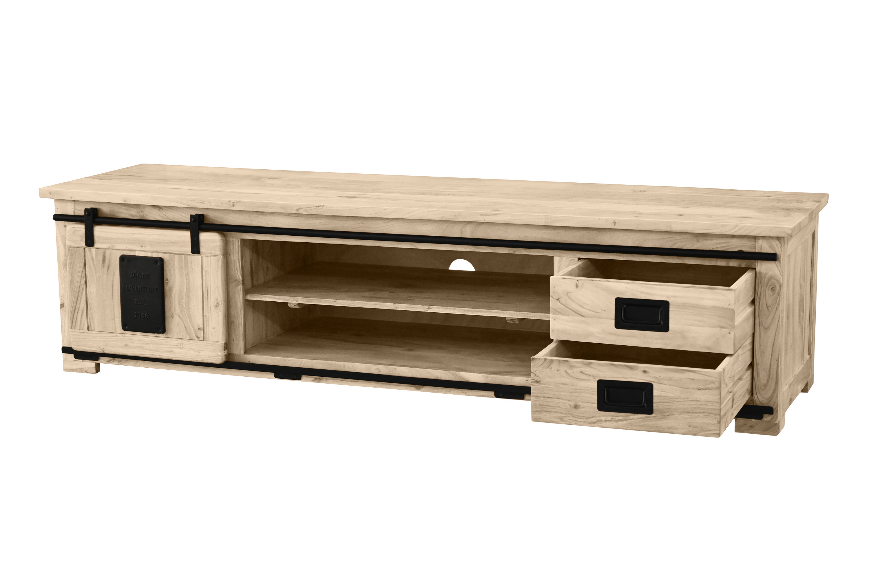 Lowboard Kommode TV-Board mit Schiebetür, 2 Schubfächern & 4 Fächern Akazie massiv eiche 200 x 55 x 50 cm LIBRO
