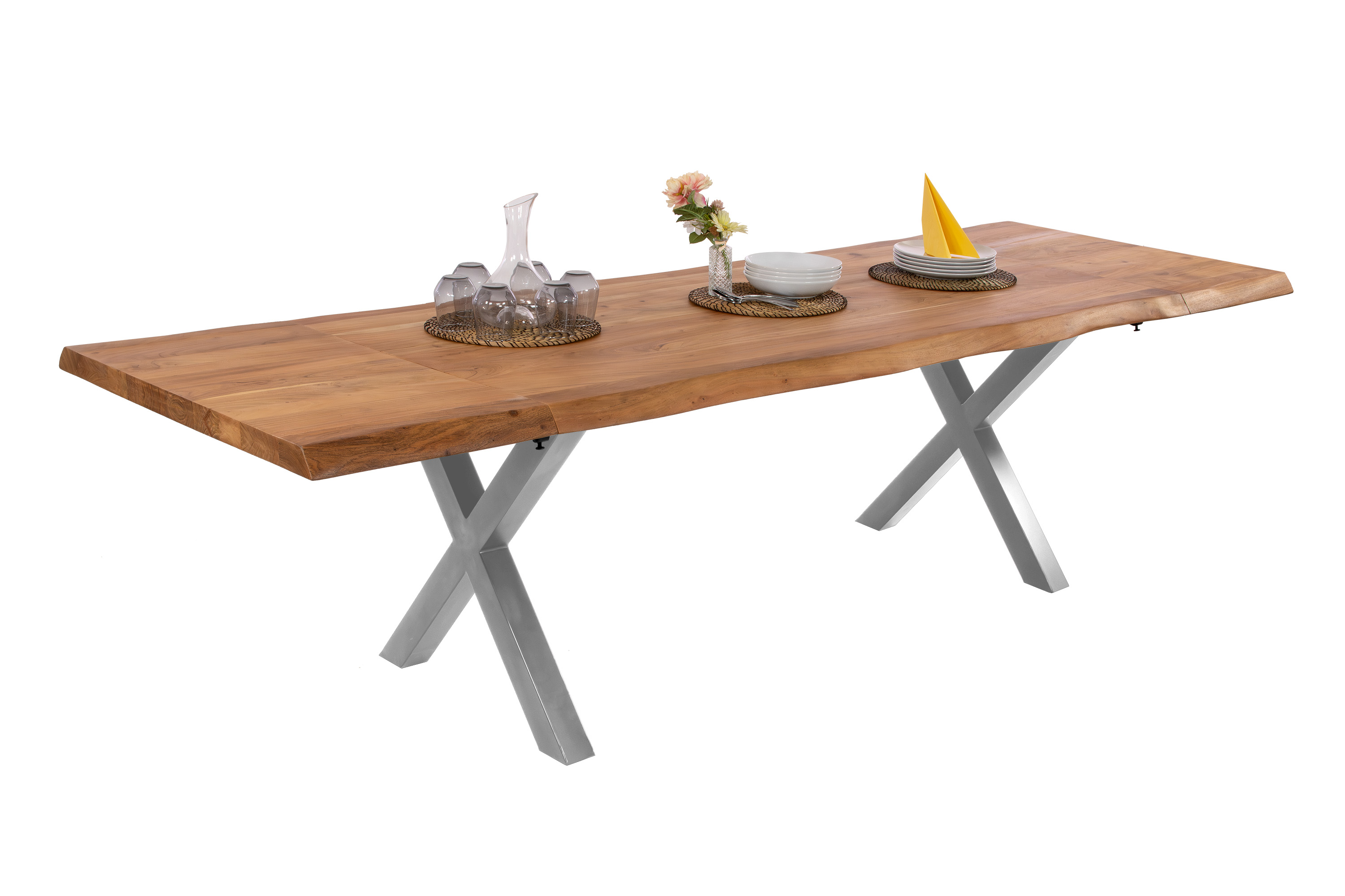 Esstisch Baumkante Akazie natur 140 (220) x 90 cm X-Gestell silber mit Ansteckplatten CALI