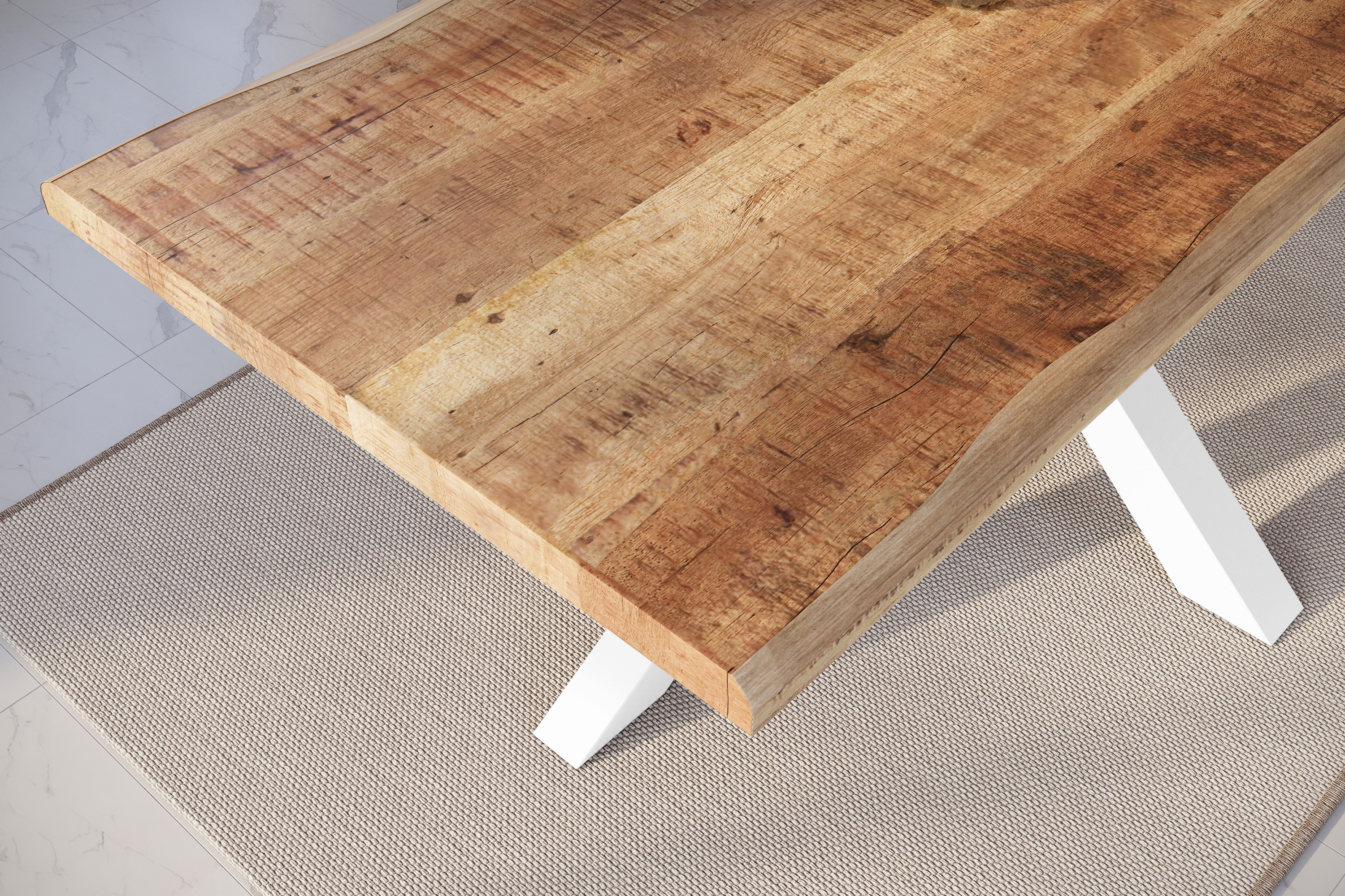 Esstisch Baumkante massiv Mango rough 220 x 100 Spider-Gestell weiß ATLAS