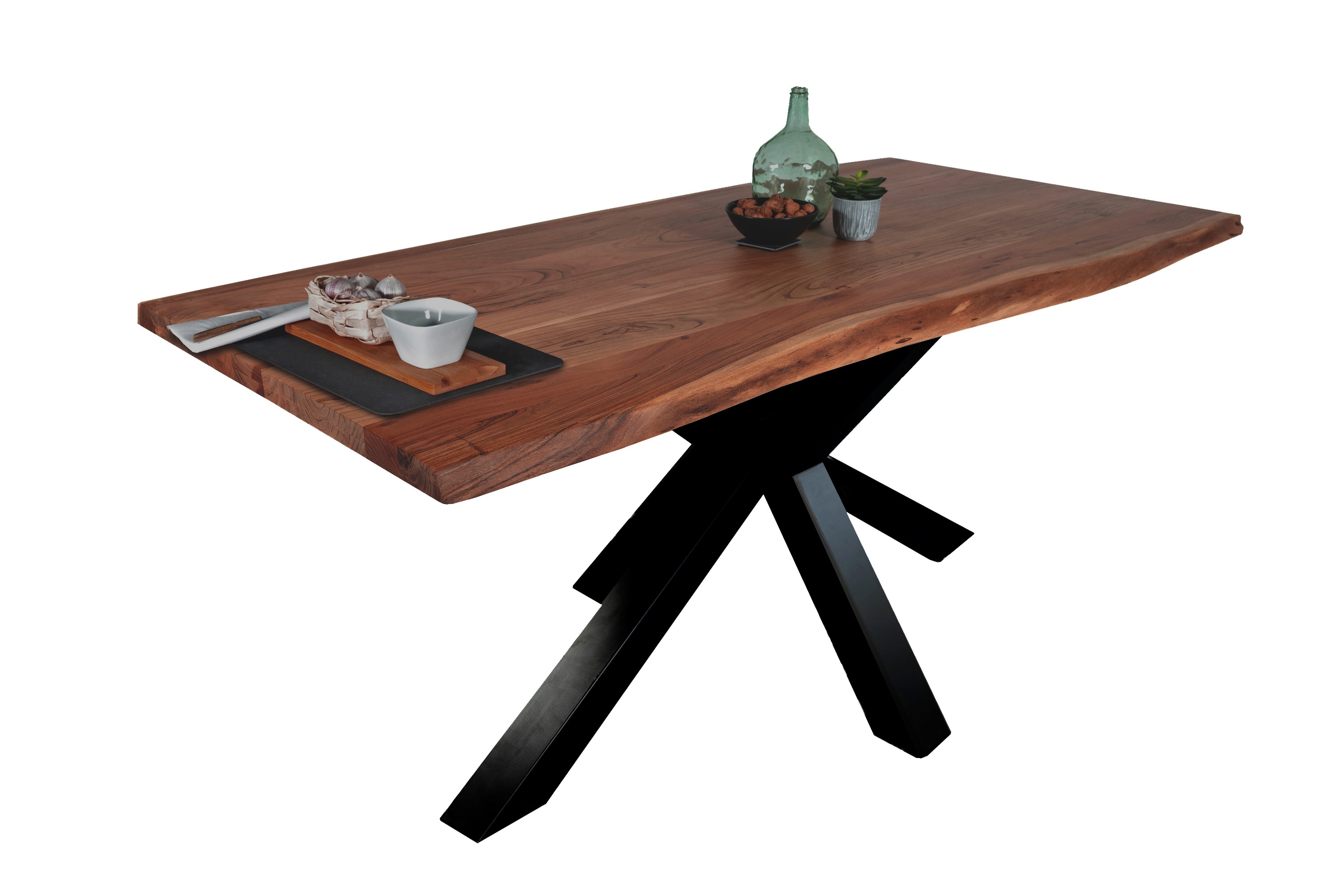 Esstisch Baumkante massiv Akazie Nussbaum 280 x 100 Spider-Gestell schwarz TIM