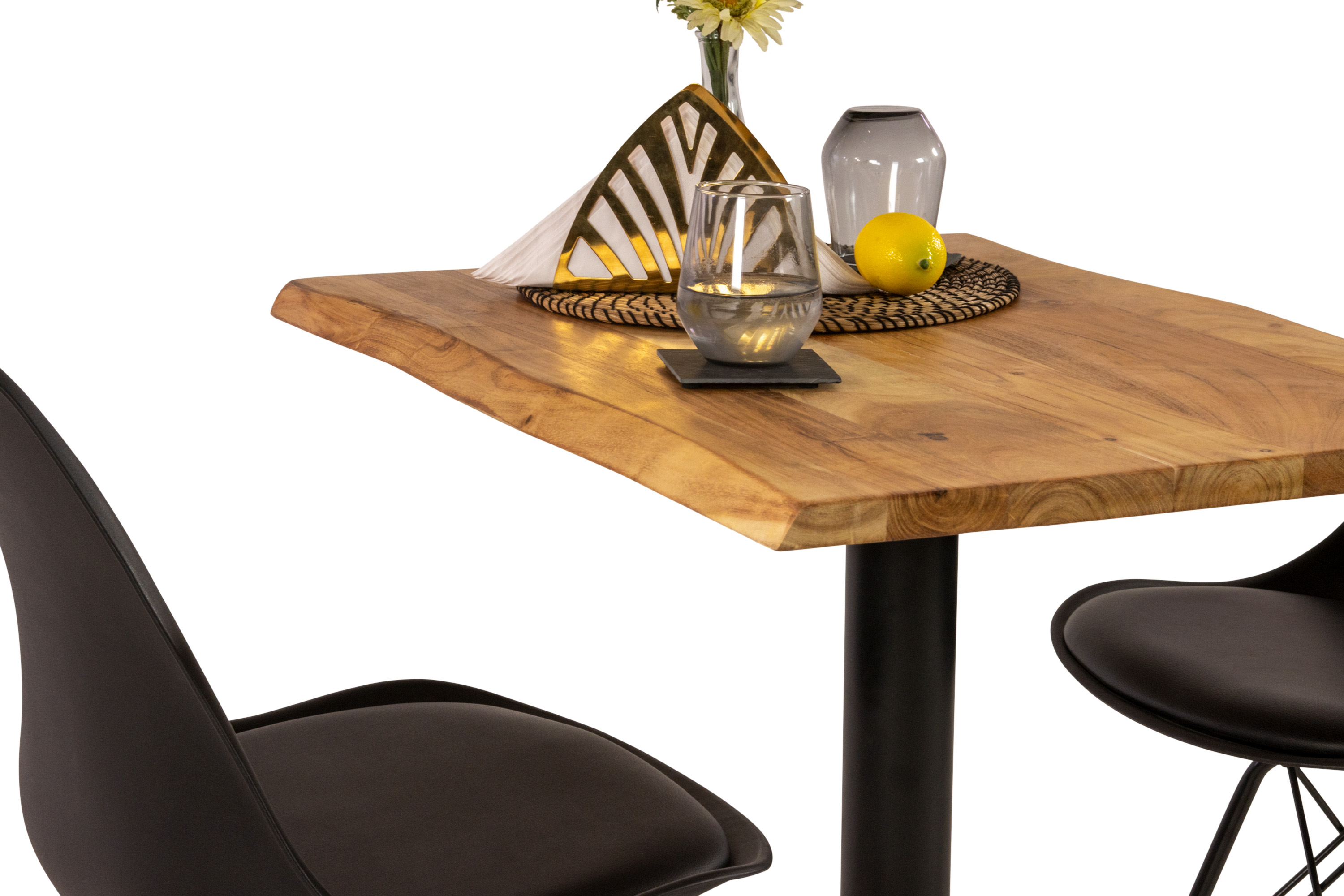 Bistrotisch Baumkante massiv 80 x 60 cm Akazie natur schwarz Säulengestell INES