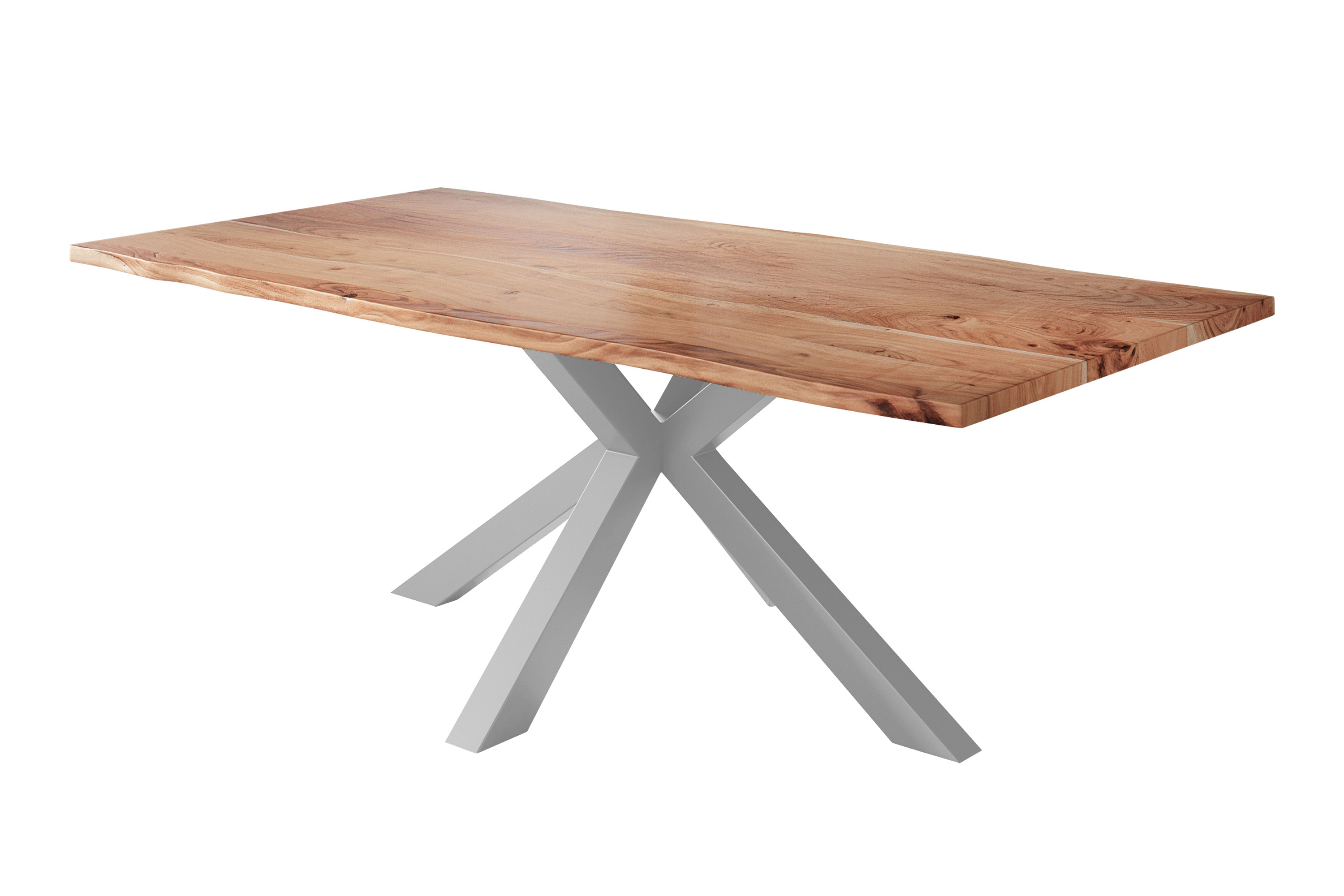 Esstisch Baumkante massiv Akazie natur 180 x 90 cm Spider-Gestell silber Kalea