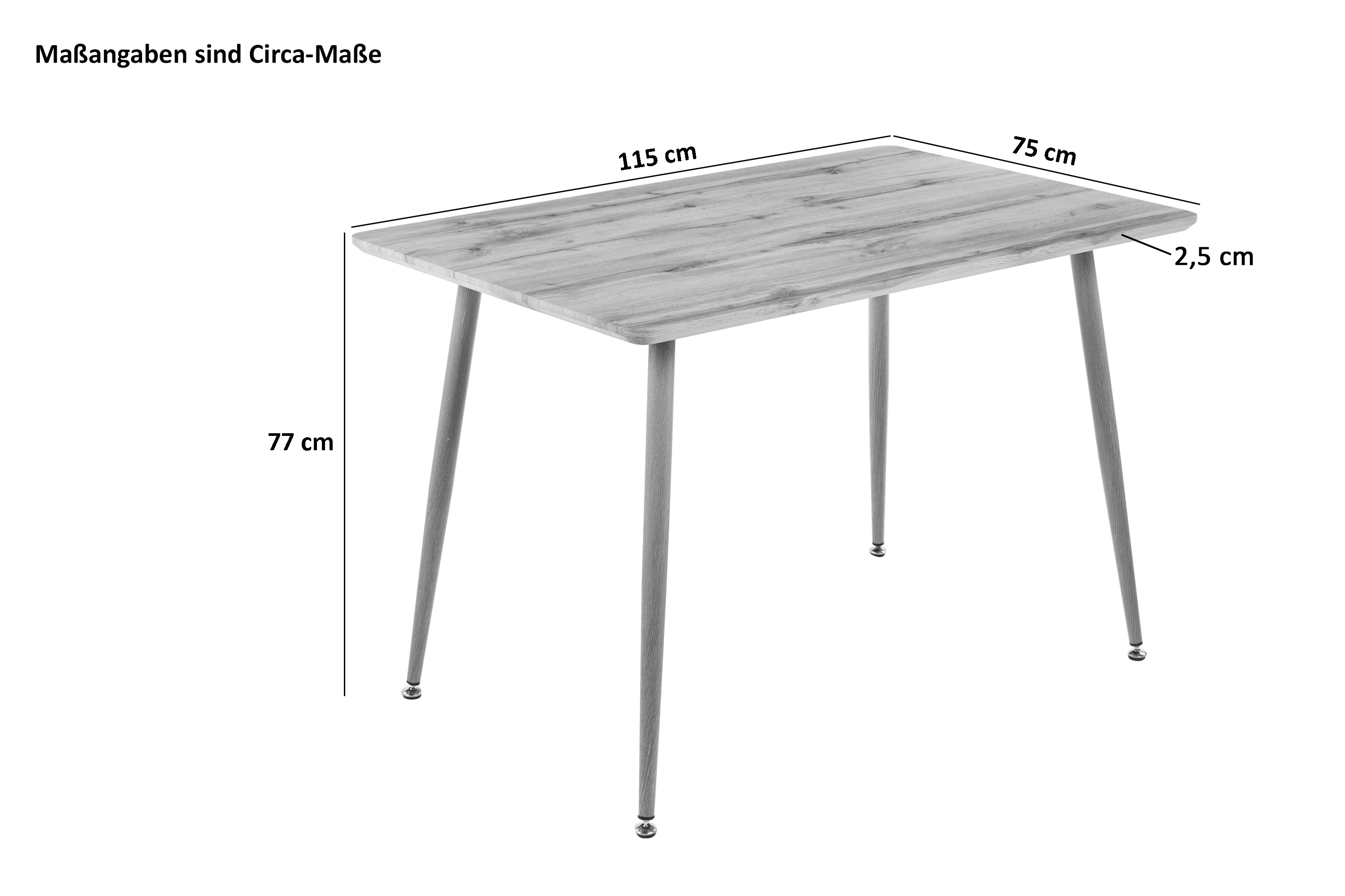 Esstisch Schweizer Kante Holz Wildeiche-Optik 115 x 75 4-Fuß-Gestell Metall eiche TRONDHEIM