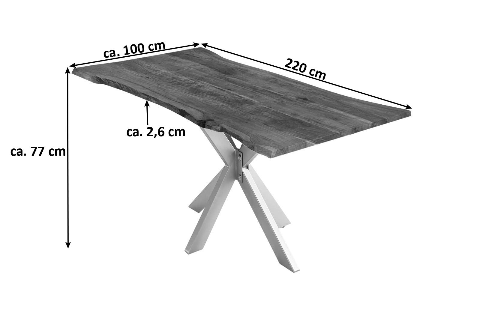 Esstisch Baumkante massiv Akazie nussbaum 220 cm Spider-Gestell silber HELENE