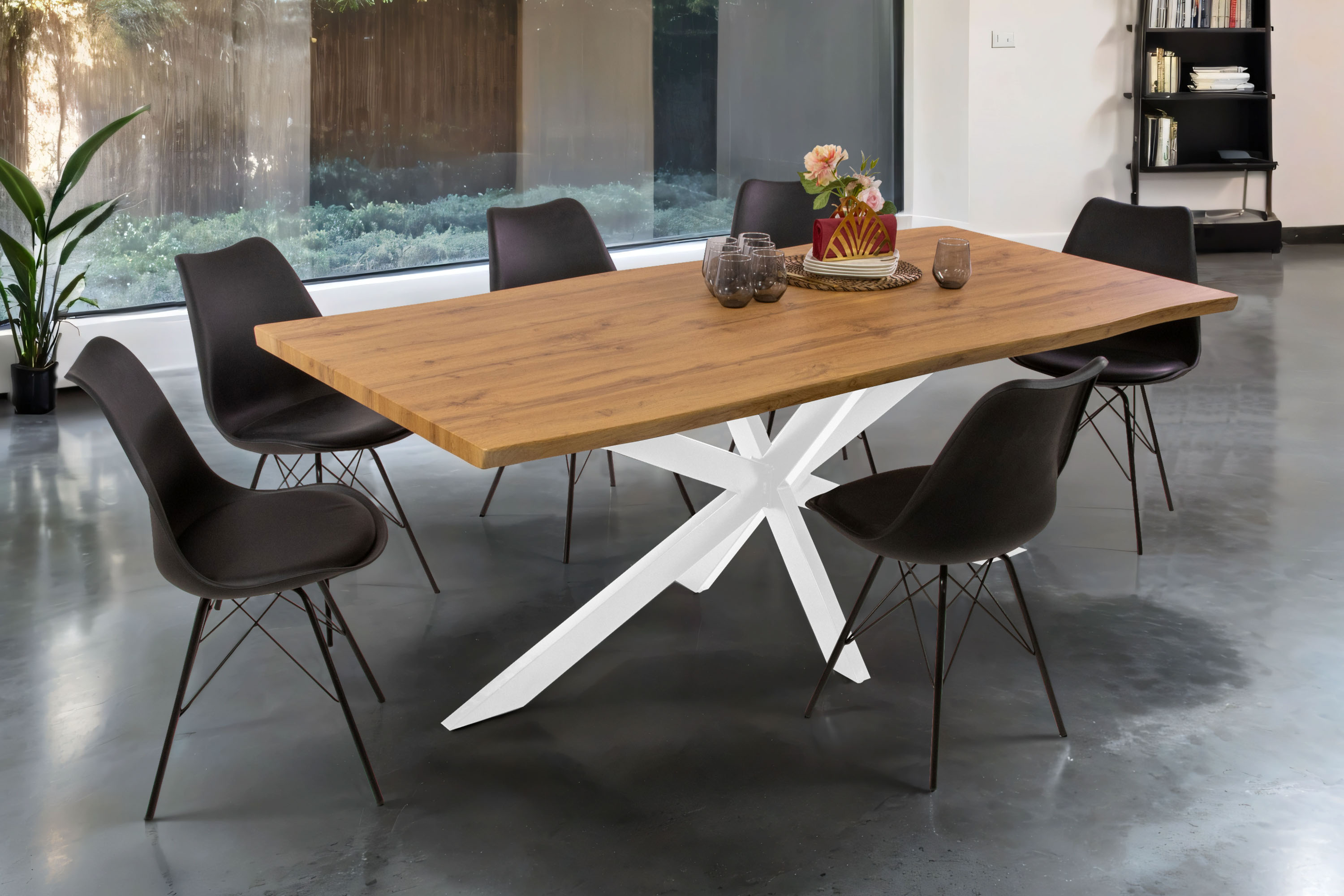 Esstisch Baumkante Holz-Optik Wildeiche 200 x 100 Spider-Gestell weiß JOSY