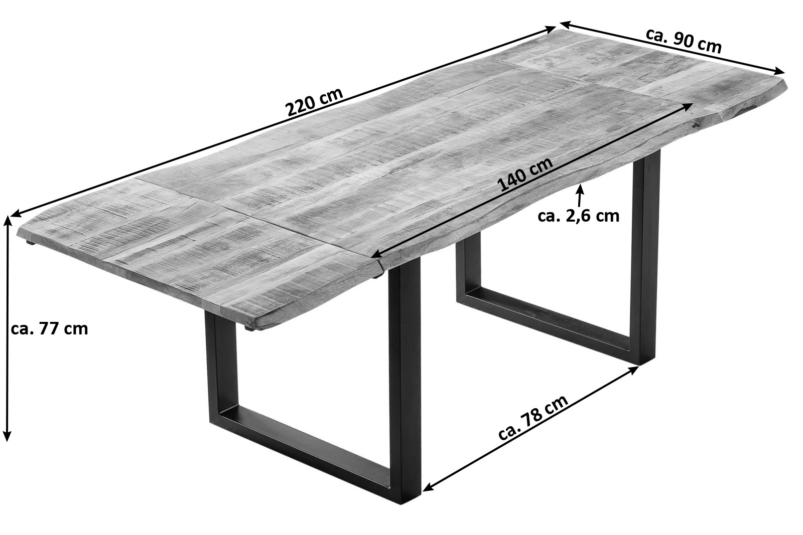 Esstisch Baumkante Mango natur 140 (220) x 90 cm Ansteckplatten schwarz NOAR