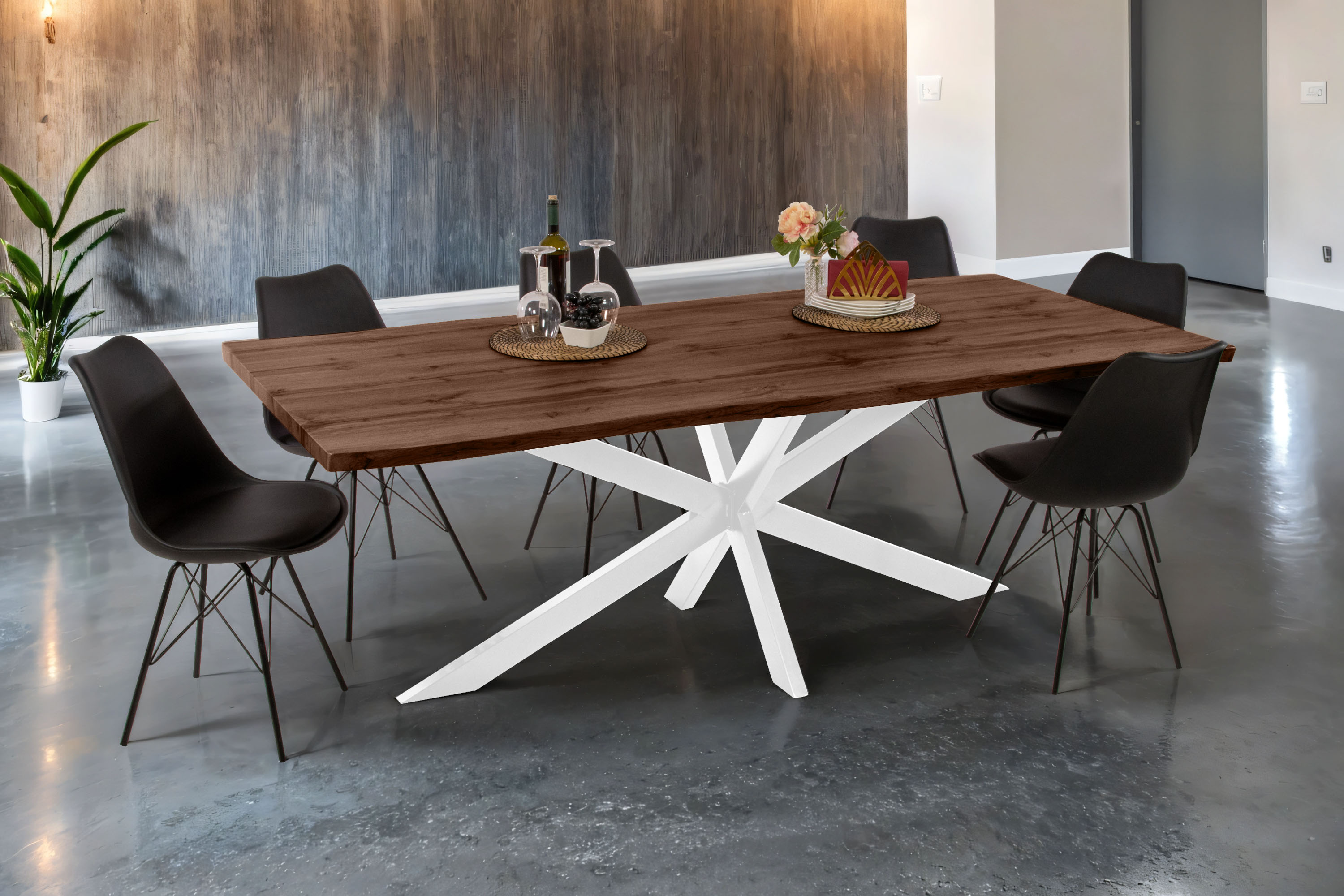 Esstisch Baumkante Holz-Optik Nussbaum 220 x 100 Spider-Gestell weiß JOSY