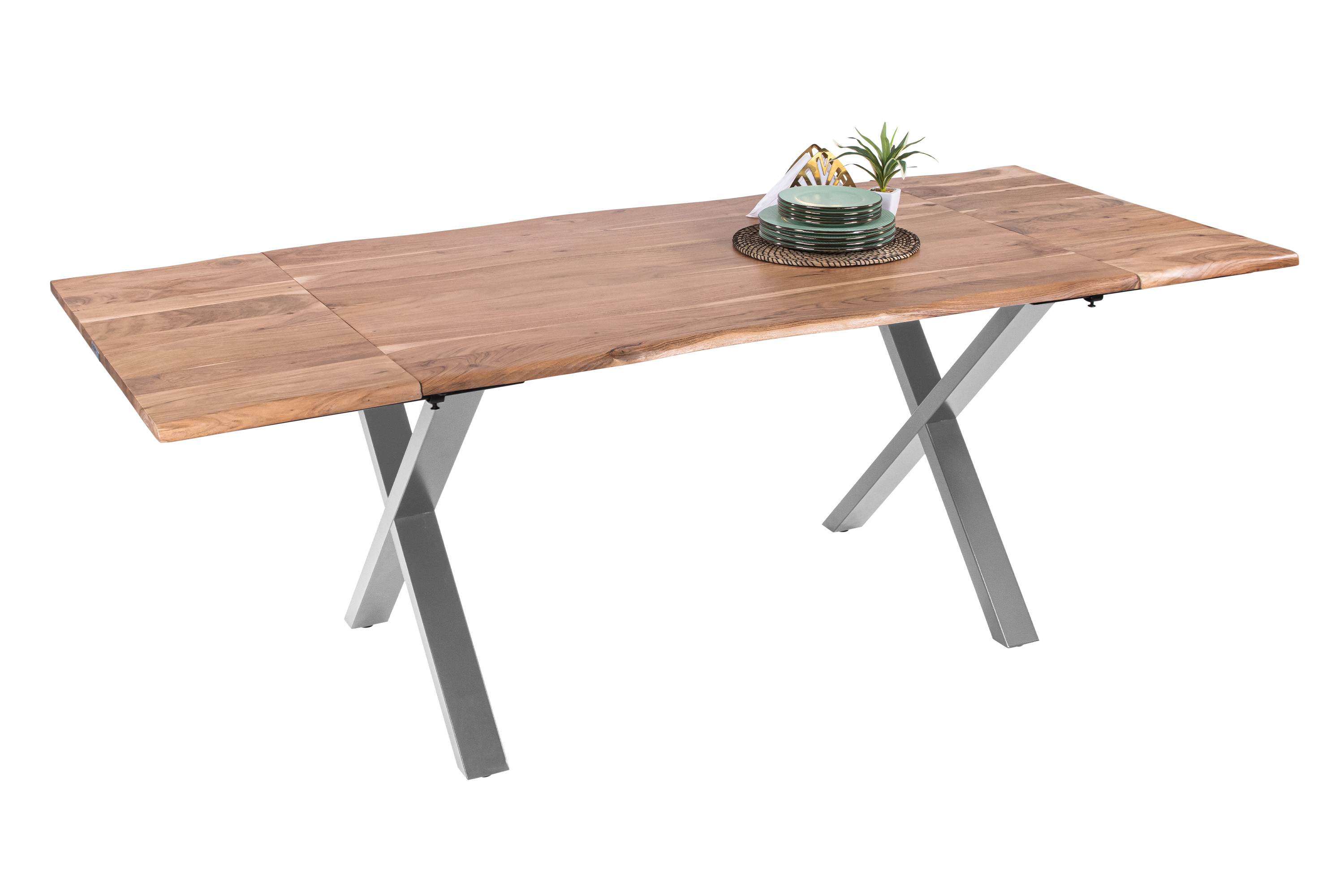 Esstisch Baumkante Akazie natur 140(220)x90 Ansteckplatten X-Gestell silber AVINO