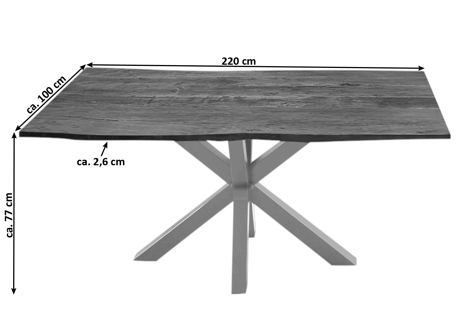  Esstisch Baumkante massiv Akazie nussbaum 220 cm Spider-Gestell silber QUINCY